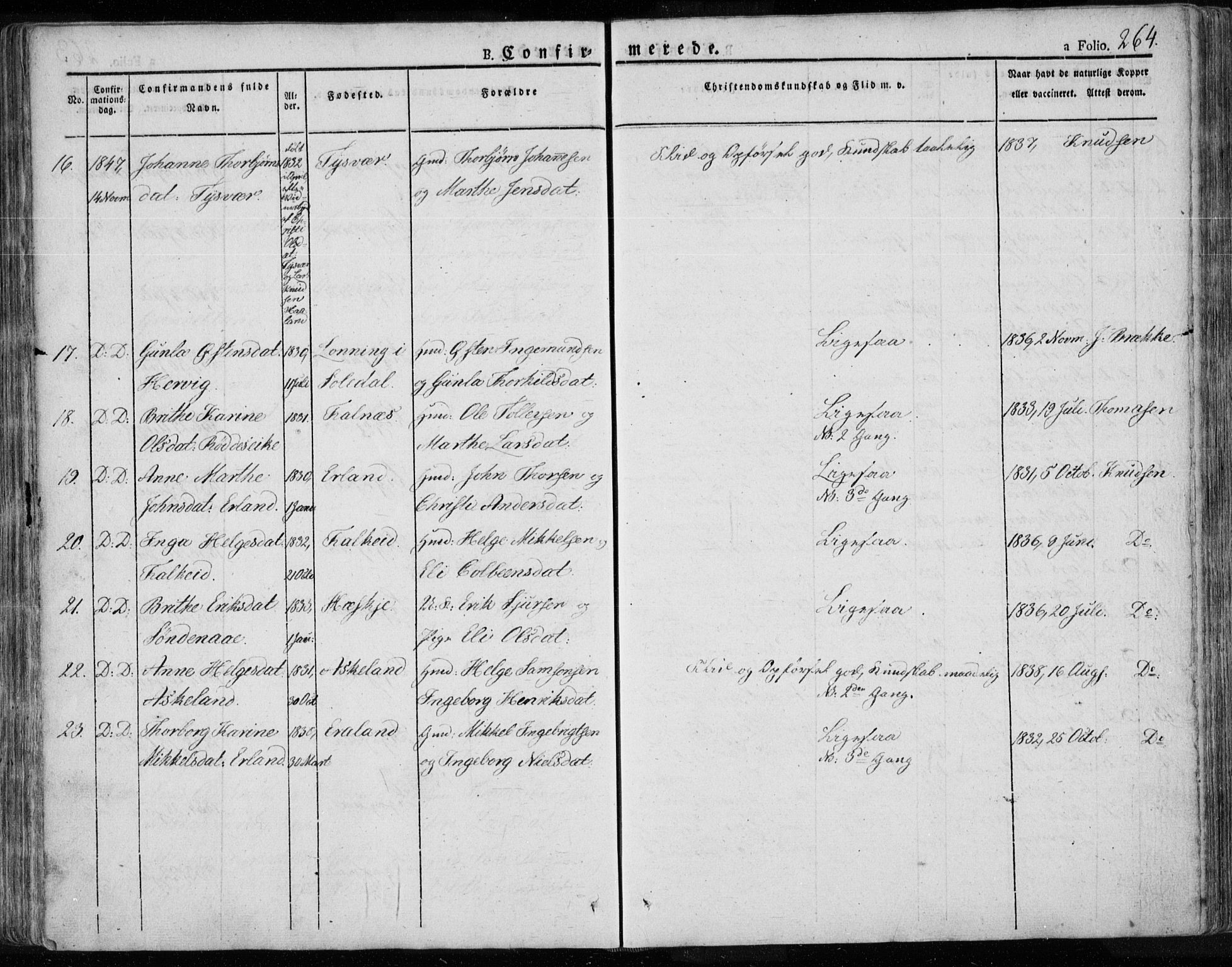 Tysvær sokneprestkontor, SAST/A -101864/H/Ha/Haa/L0001: Parish register (official) no. A 1.1, 1831-1856, p. 264