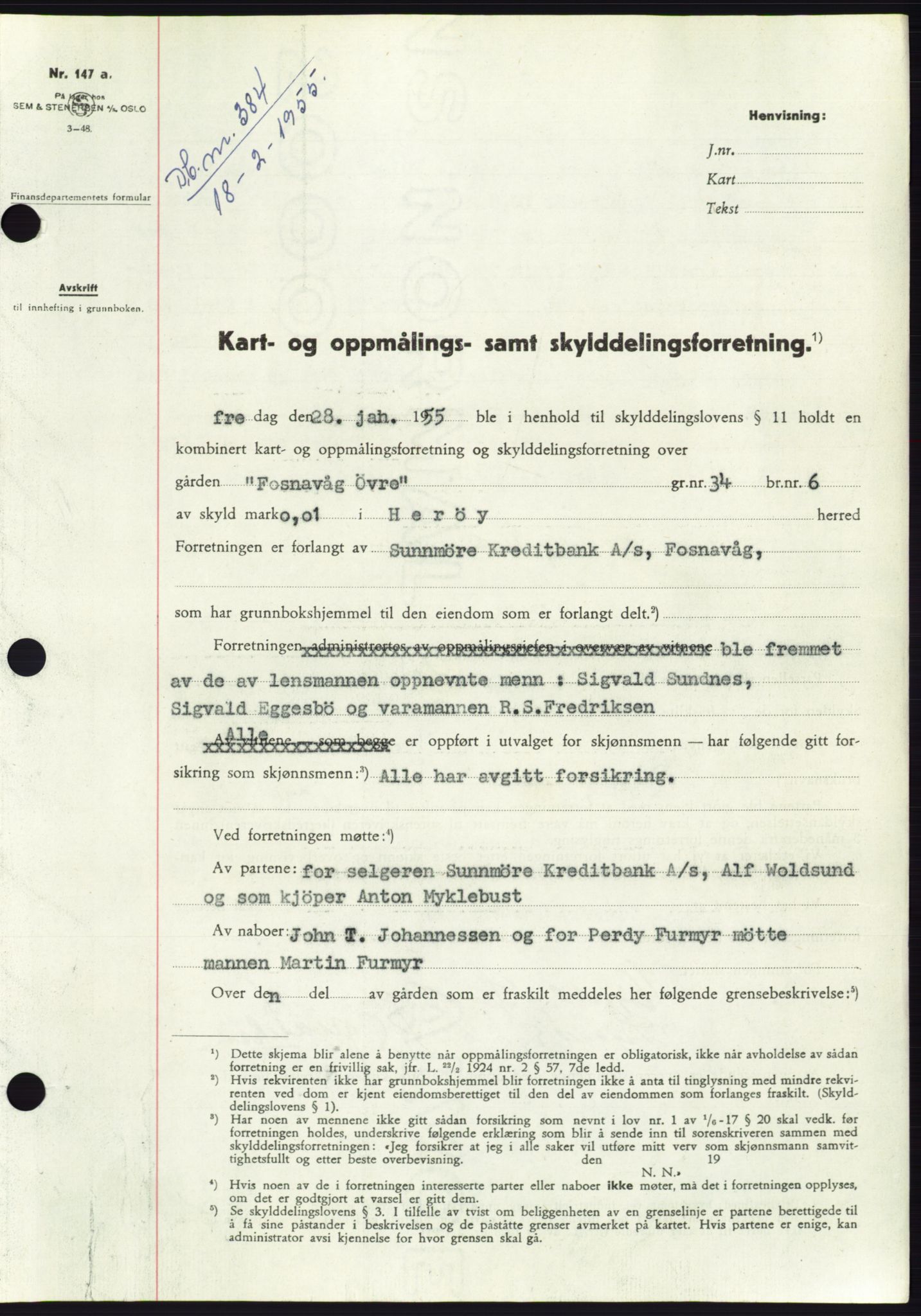 Søre Sunnmøre sorenskriveri, AV/SAT-A-4122/1/2/2C/L0100: Mortgage book no. 26A, 1954-1955, Diary no: : 384/1955