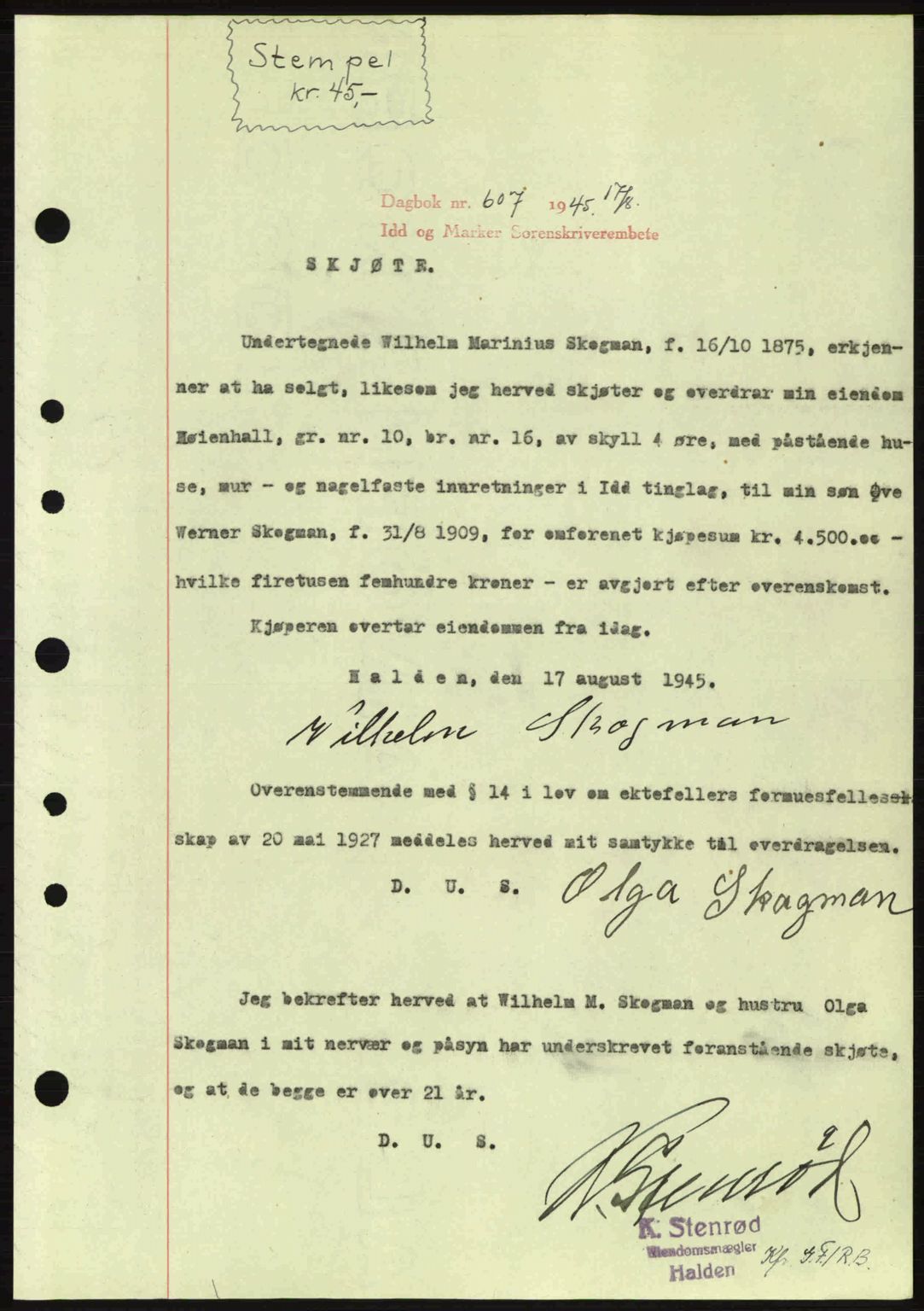 Idd og Marker sorenskriveri, AV/SAO-A-10283/G/Gb/Gbb/L0007: Mortgage book no. A7, 1944-1945, Diary no: : 607/1945