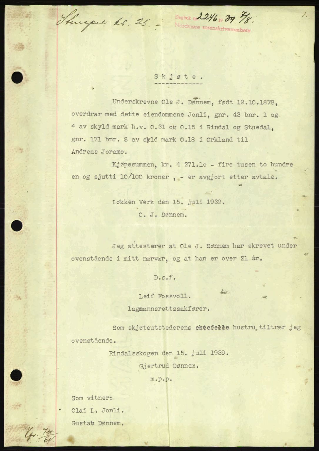 Nordmøre sorenskriveri, AV/SAT-A-4132/1/2/2Ca: Mortgage book no. A87, 1939-1940, Diary no: : 2246/1939