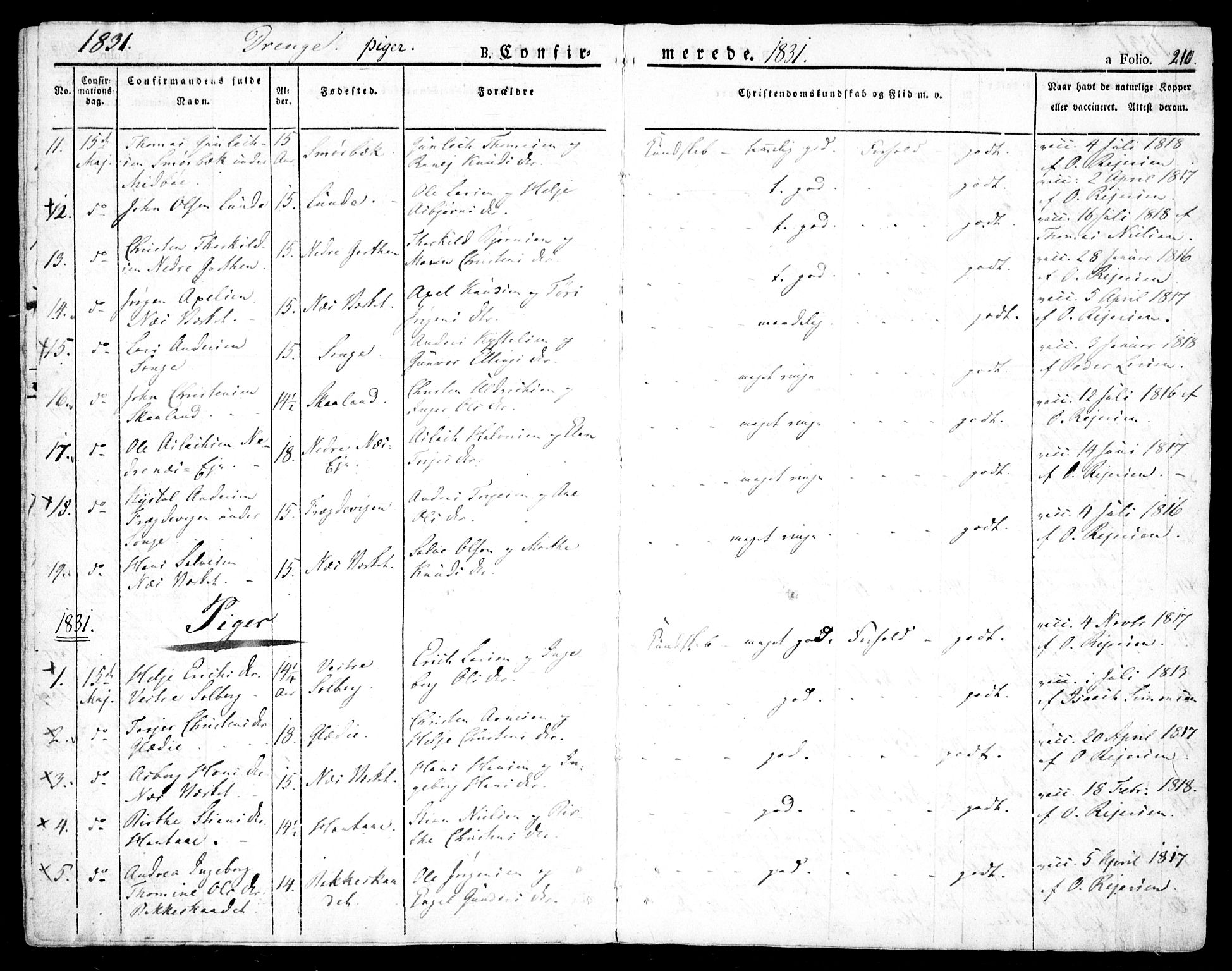 Holt sokneprestkontor, AV/SAK-1111-0021/F/Fa/L0006: Parish register (official) no. A 6, 1820-1835, p. 210