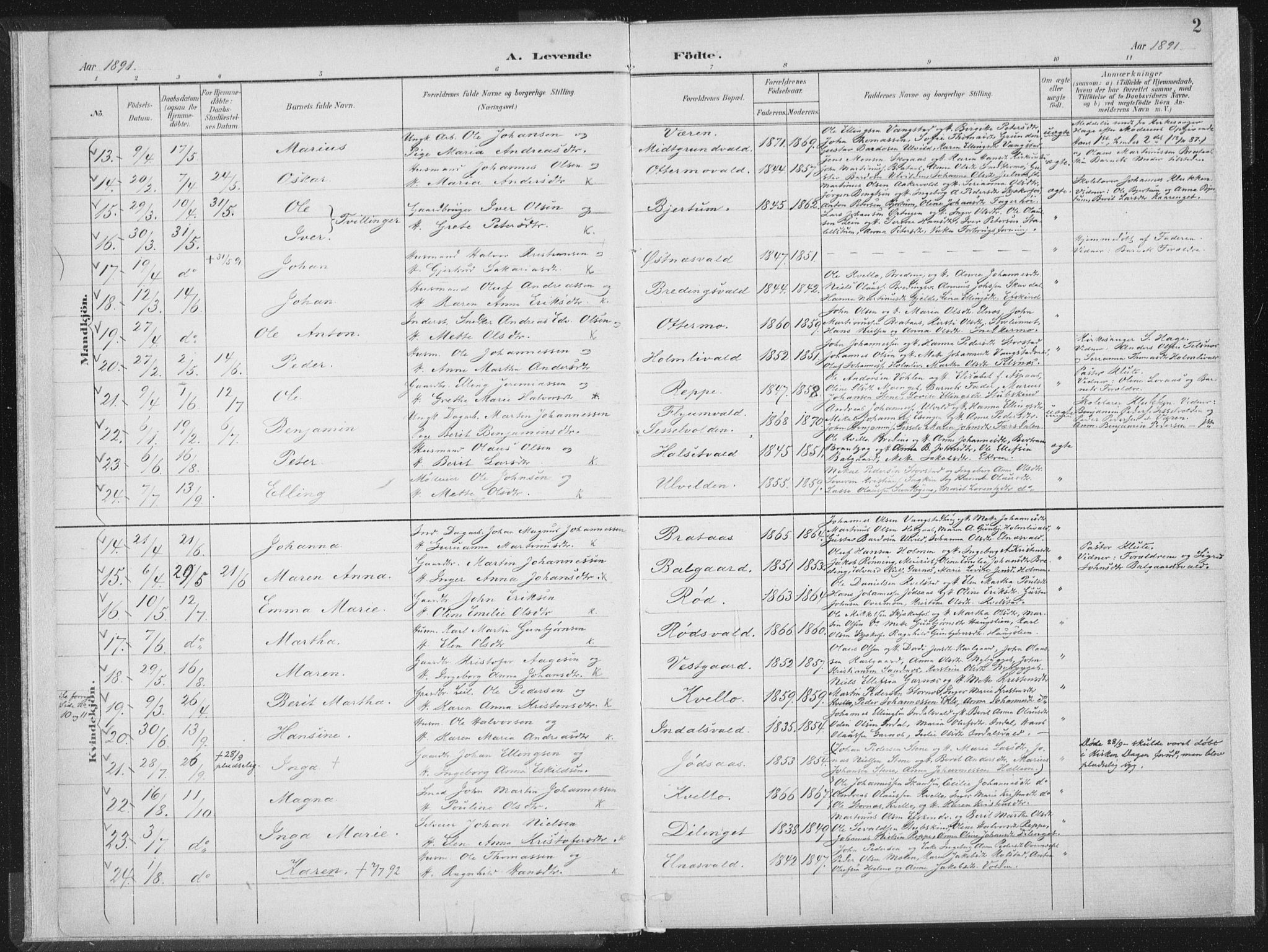 Ministerialprotokoller, klokkerbøker og fødselsregistre - Nord-Trøndelag, SAT/A-1458/724/L0263: Parish register (official) no. 724A01, 1891-1907, p. 2