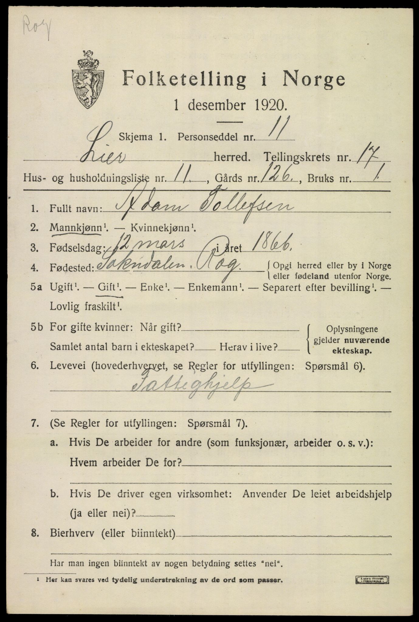 SAKO, 1920 census for Lier, 1920, p. 24516