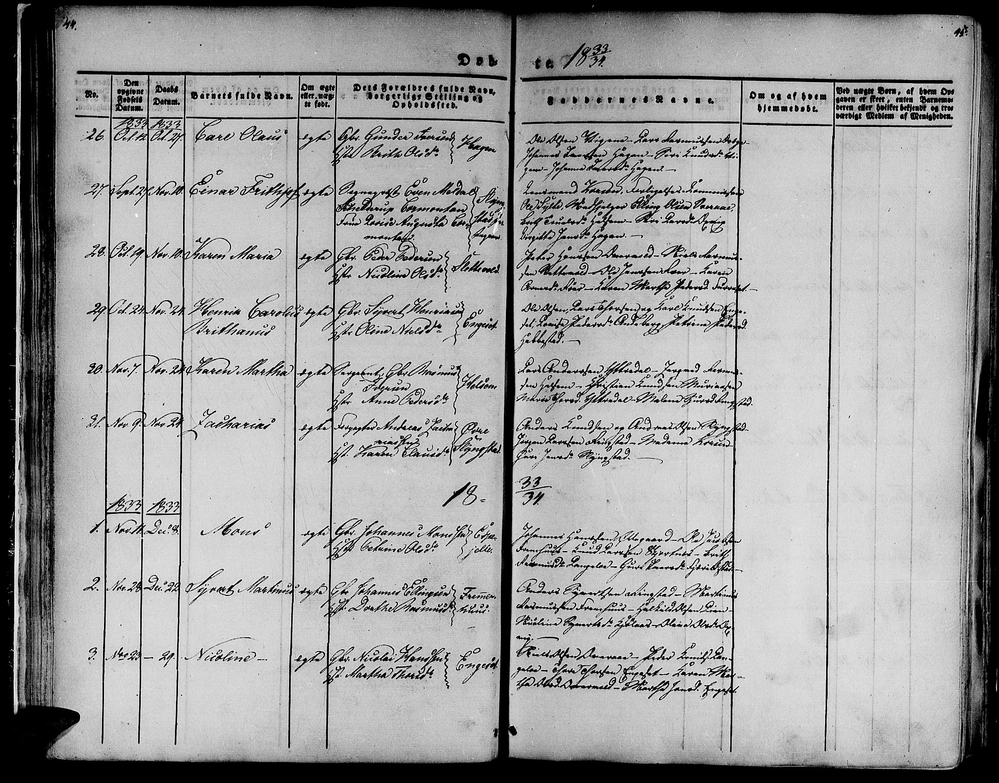 Ministerialprotokoller, klokkerbøker og fødselsregistre - Møre og Romsdal, AV/SAT-A-1454/520/L0274: Parish register (official) no. 520A04, 1827-1864, p. 44-45