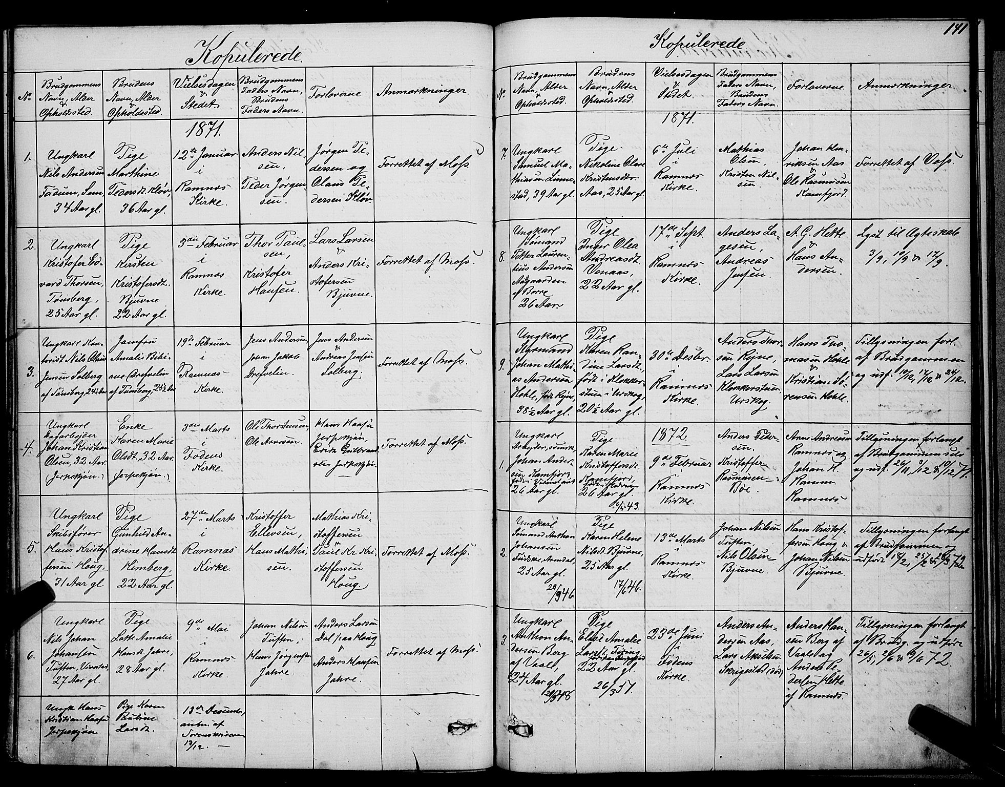Ramnes kirkebøker, SAKO/A-314/G/Ga/L0003: Parish register (copy) no. I 3, 1870-1896, p. 141