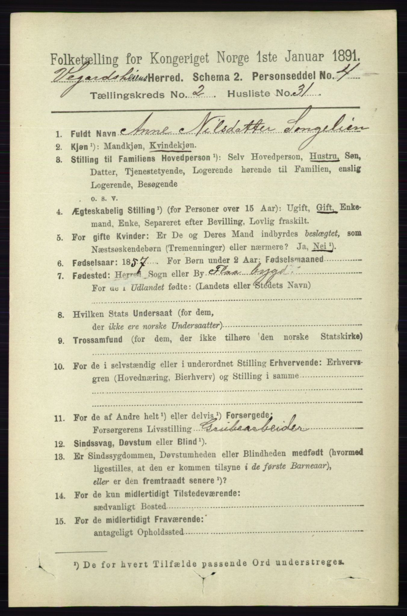 RA, 1891 census for 0912 Vegårshei, 1891, p. 598