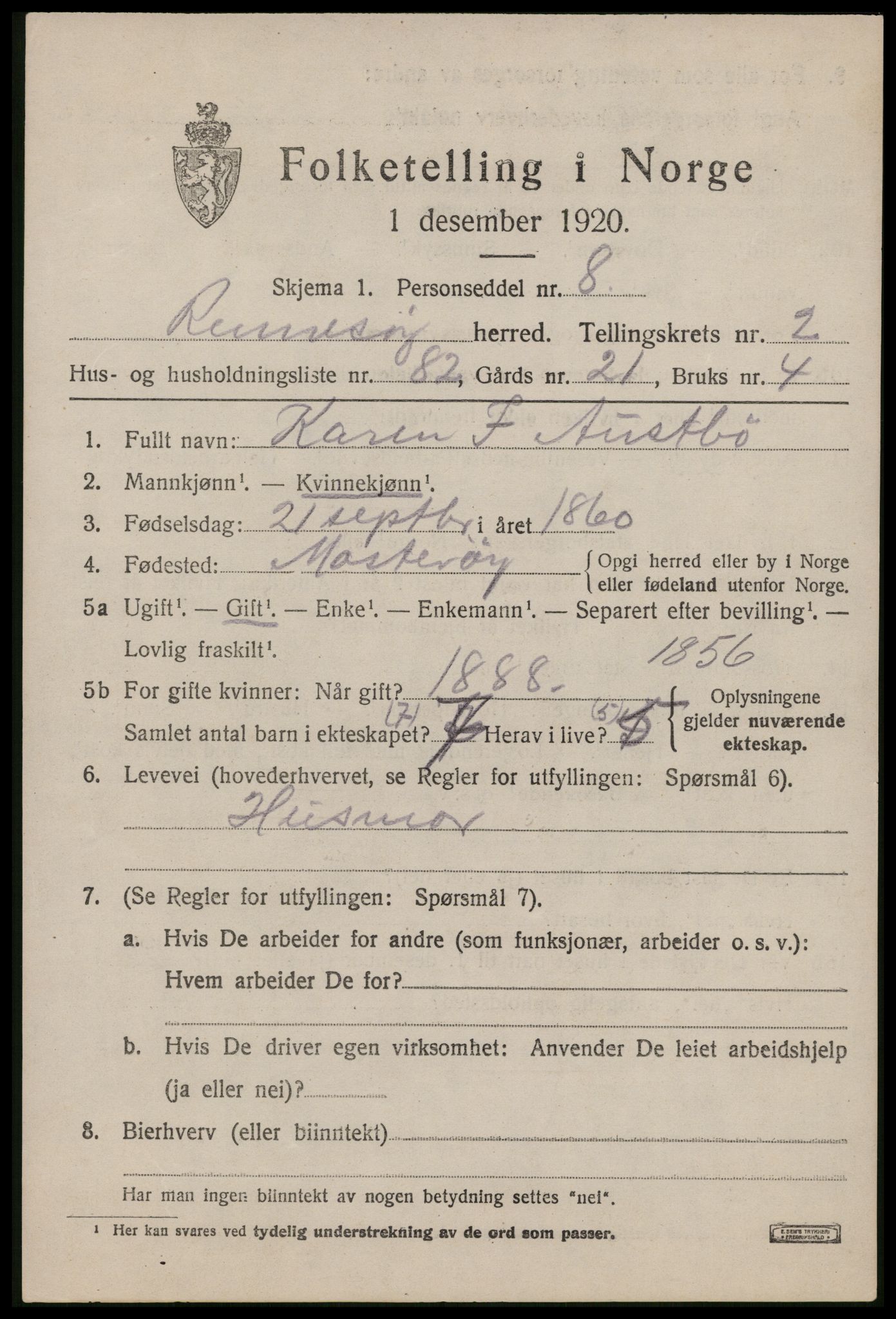 SAST, 1920 census for Rennesøy, 1920, p. 1918