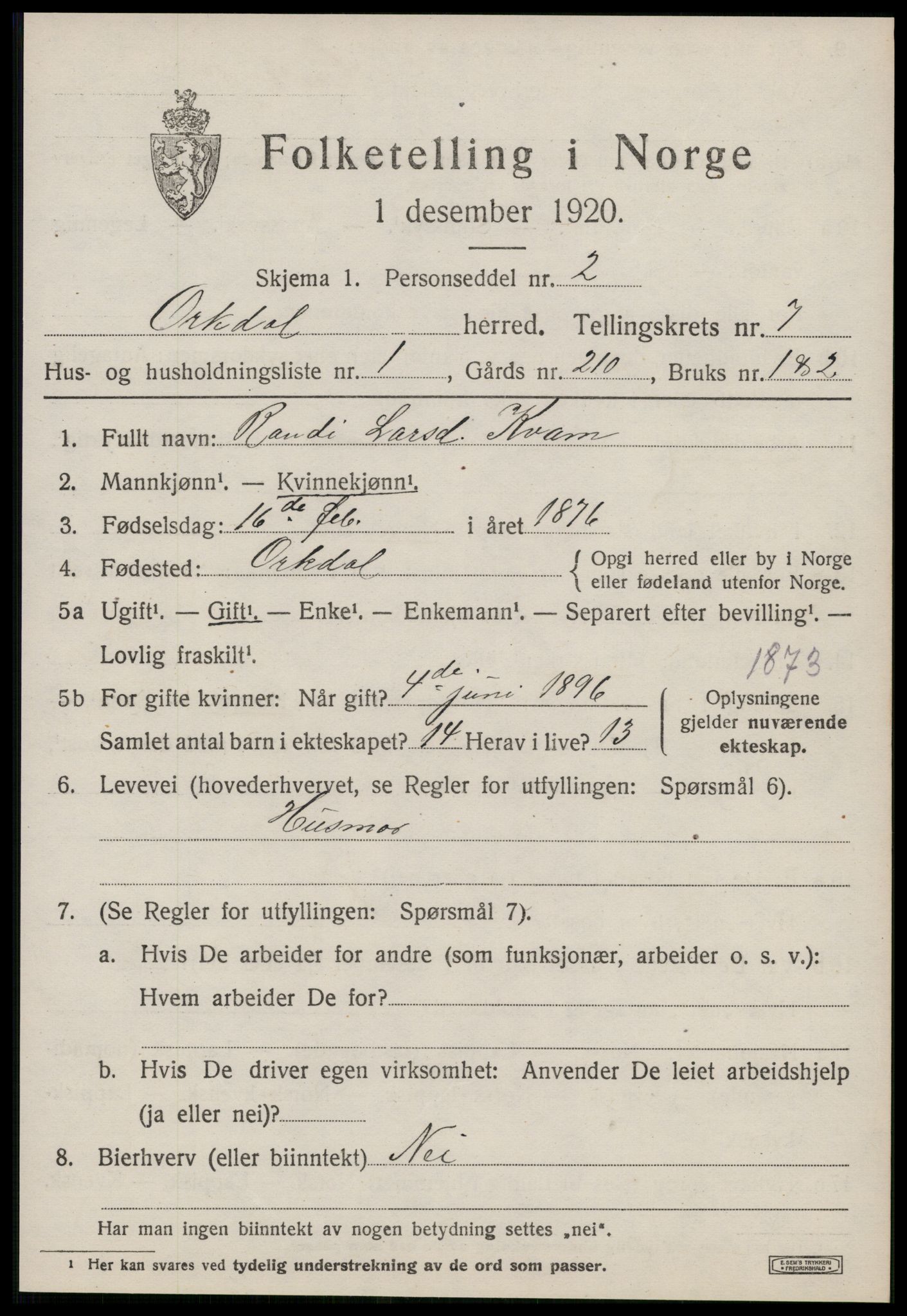 SAT, 1920 census for Orkdal, 1920, p. 5816