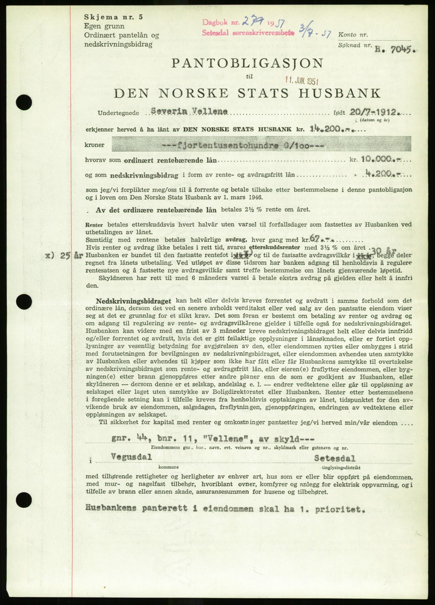 Setesdal sorenskriveri, SAK/1221-0011/G/Gb/L0050: Mortgage book no. B 38, 1949-1952, Diary no: : 279/1951