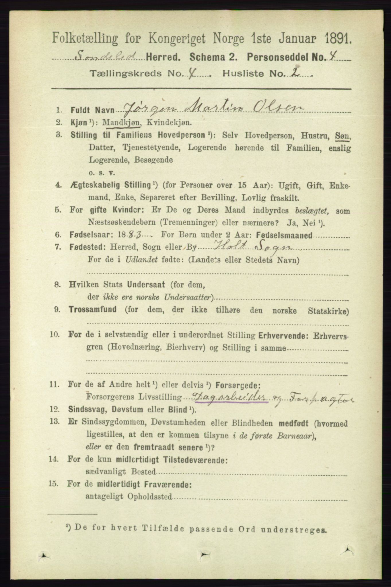 RA, 1891 census for 0913 Søndeled, 1891, p. 886