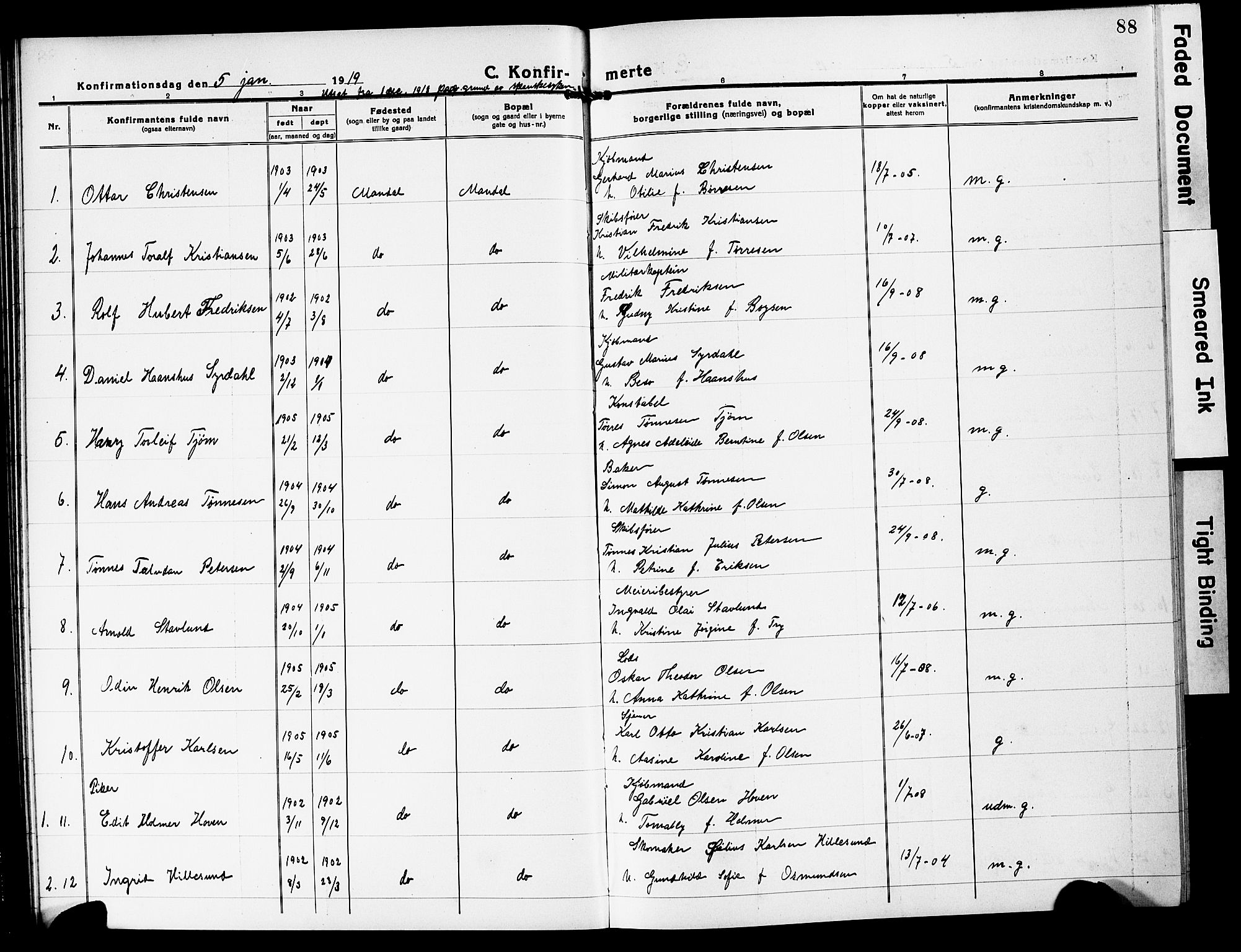 Mandal sokneprestkontor, SAK/1111-0030/F/Fb/Fbc/L0001: Parish register (copy) no. B 1, 1918-1931, p. 88