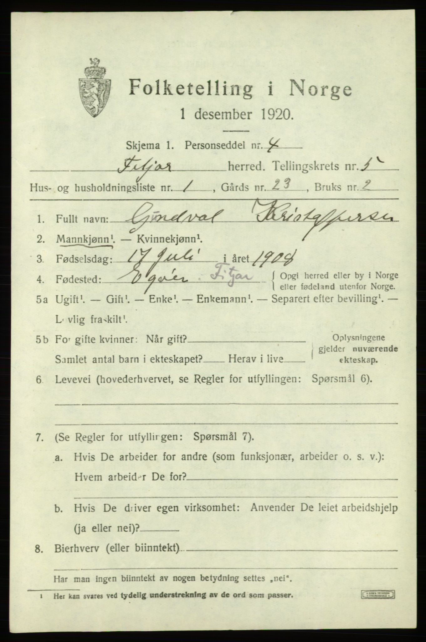 SAB, 1920 census for Fitjar, 1920, p. 2526