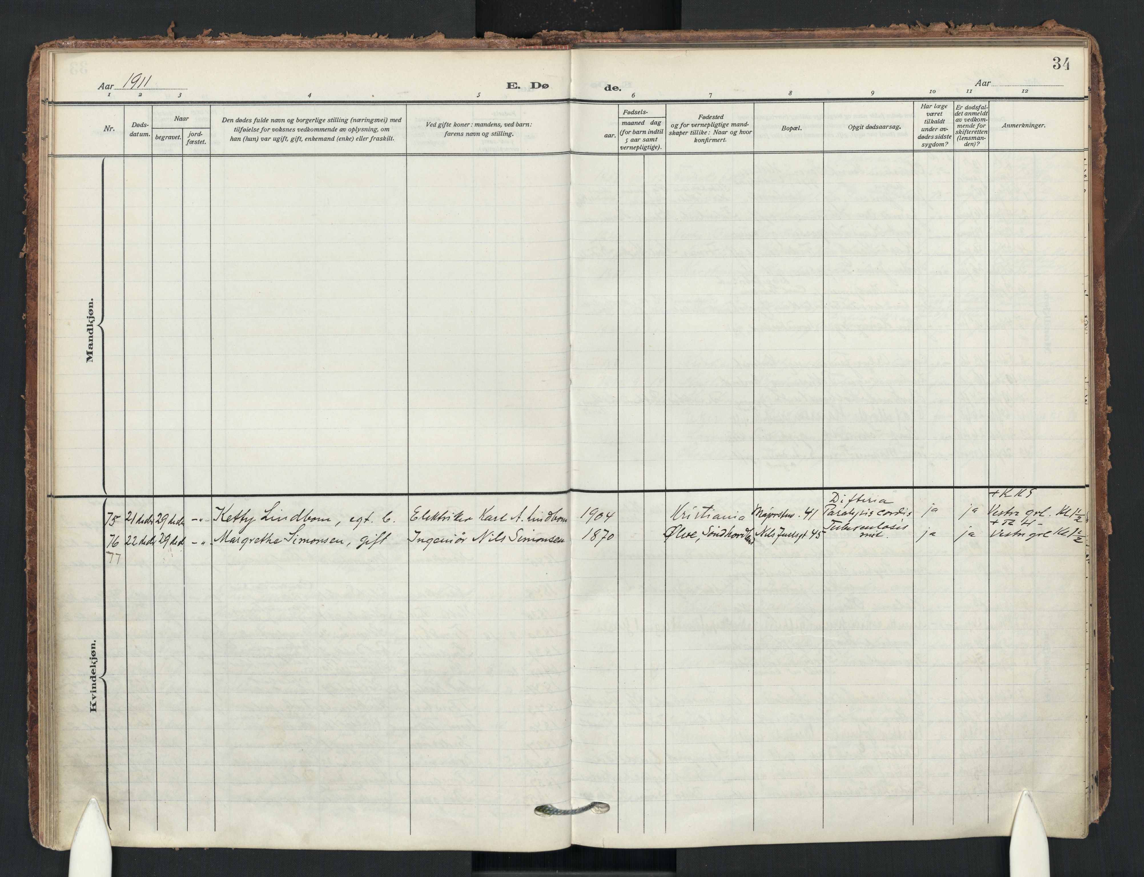 Uranienborg prestekontor Kirkebøker, AV/SAO-A-10877/F/Fa/L0011: Parish register (official) no. I 11, 1909-1926, p. 34