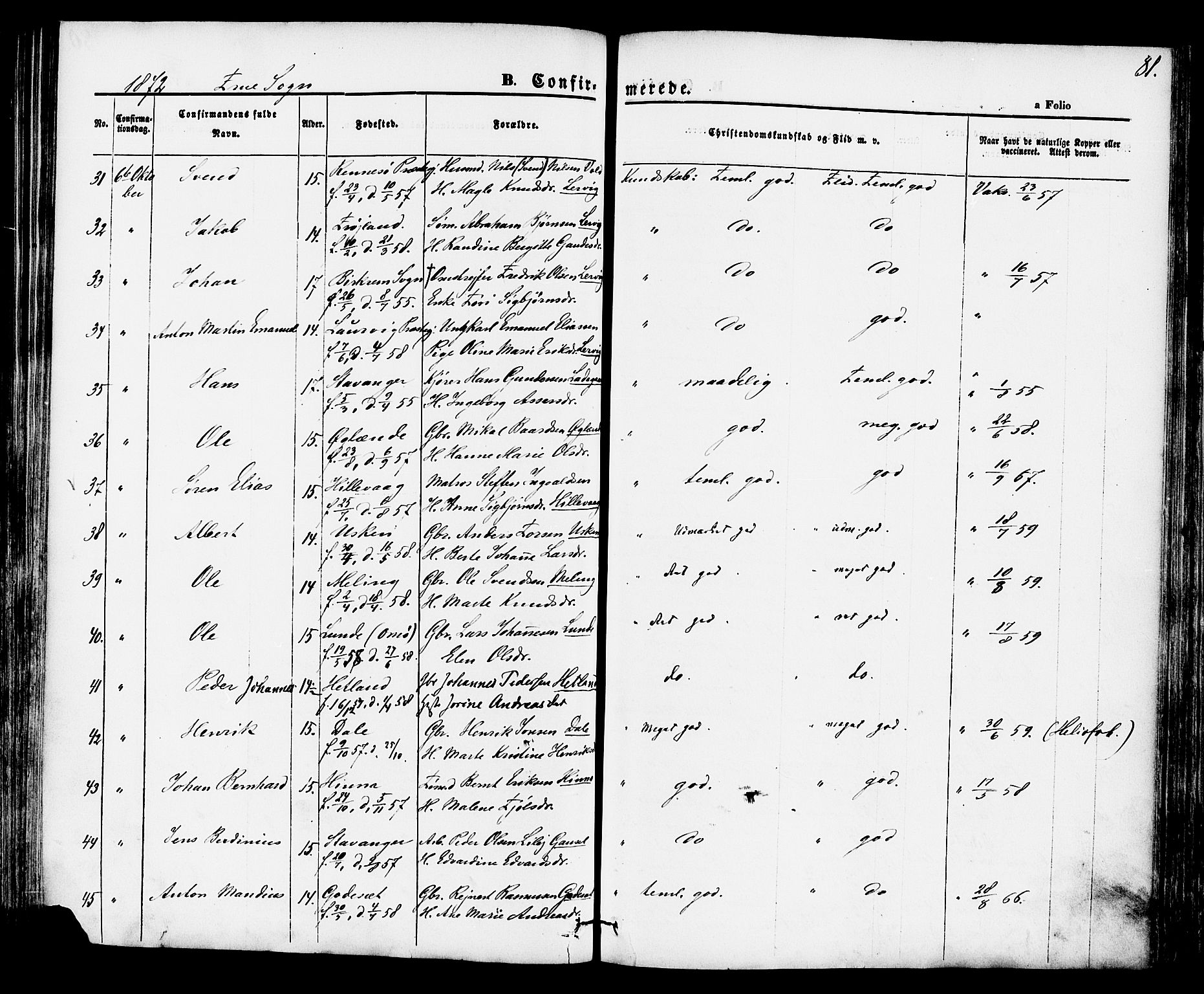 Hetland sokneprestkontor, AV/SAST-A-101826/30/30BA/L0004: Parish register (official) no. A 4, 1862-1881, p. 81