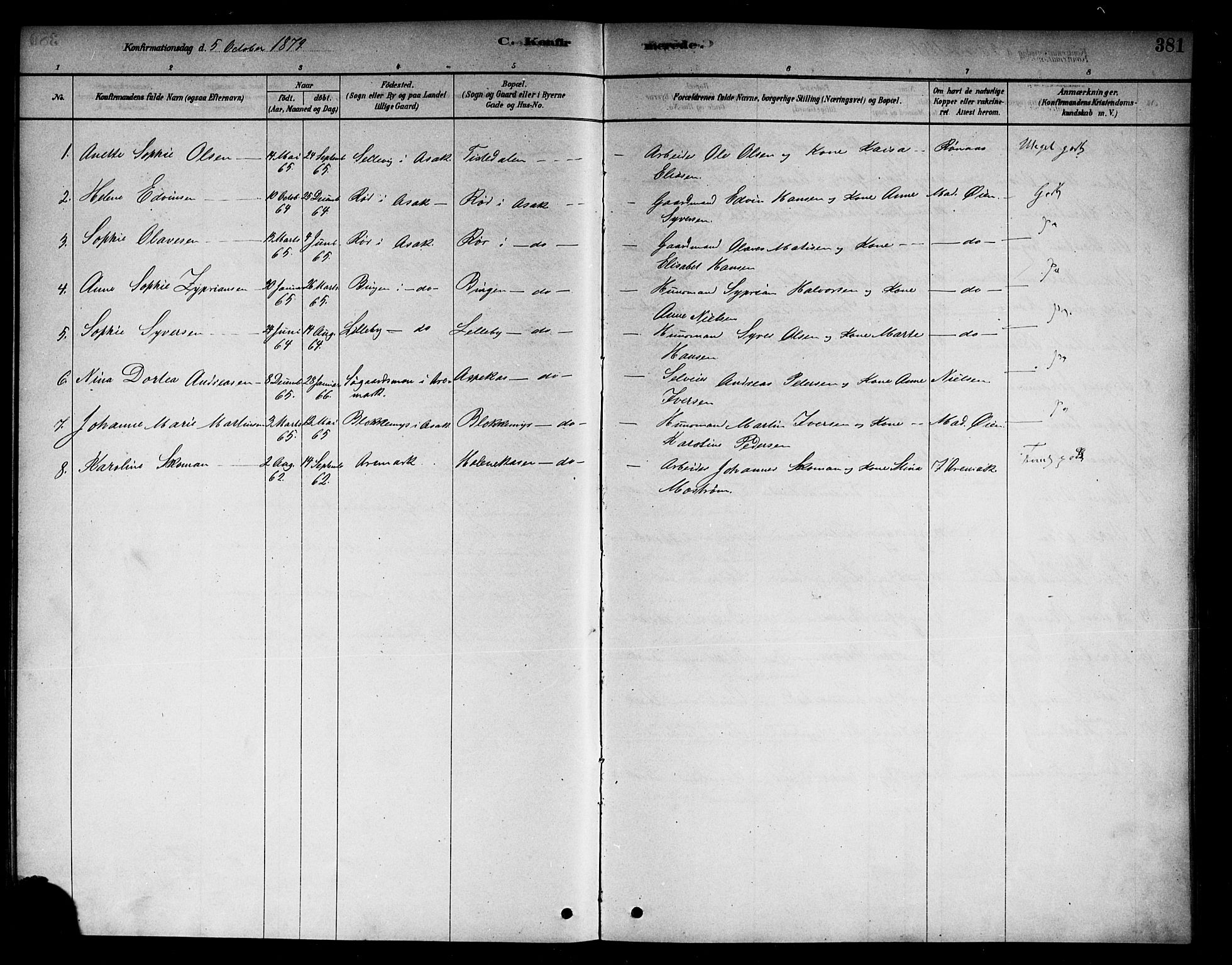 Berg prestekontor Kirkebøker, AV/SAO-A-10902/F/Fb/L0001: Parish register (official) no. II 1, 1878-1887, p. 381