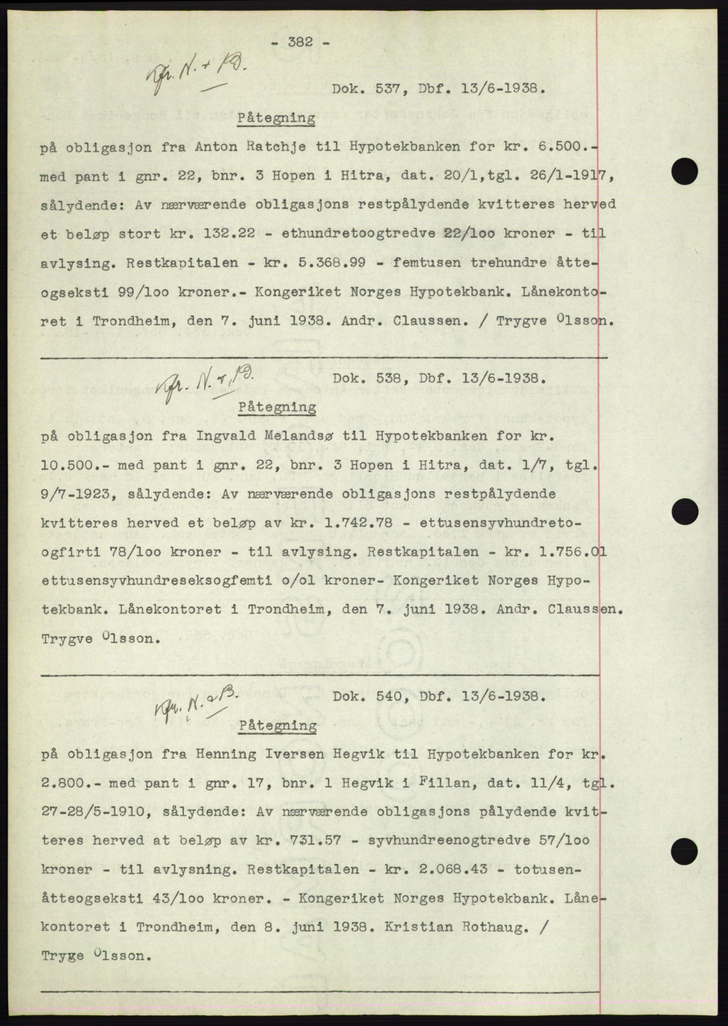 Hitra sorenskriveri, AV/SAT-A-0018/2/2C/2Ca: Mortgage book no. C1, 1936-1945, Diary no: : 537/1938