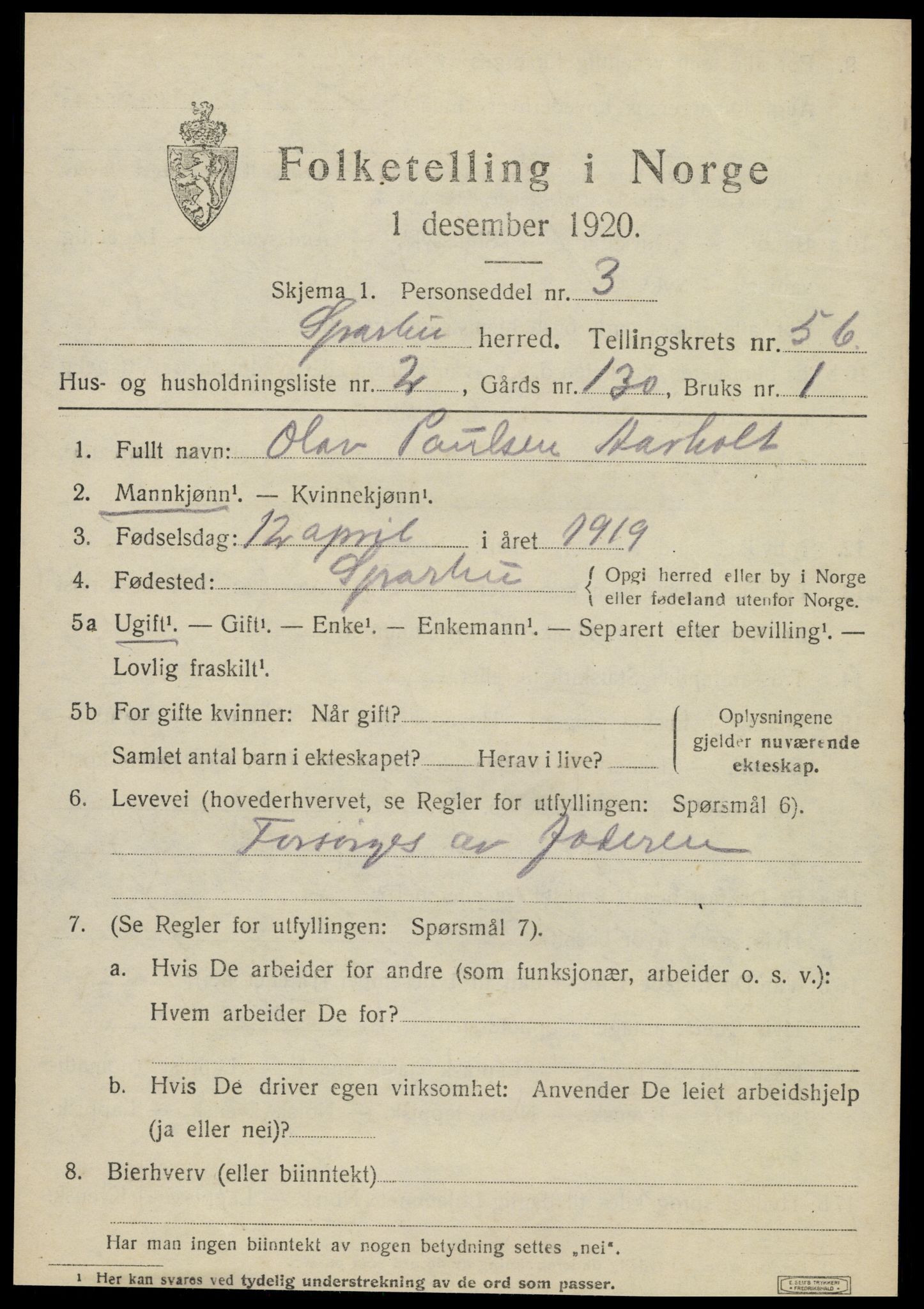 SAT, 1920 census for Sparbu, 1920, p. 6847