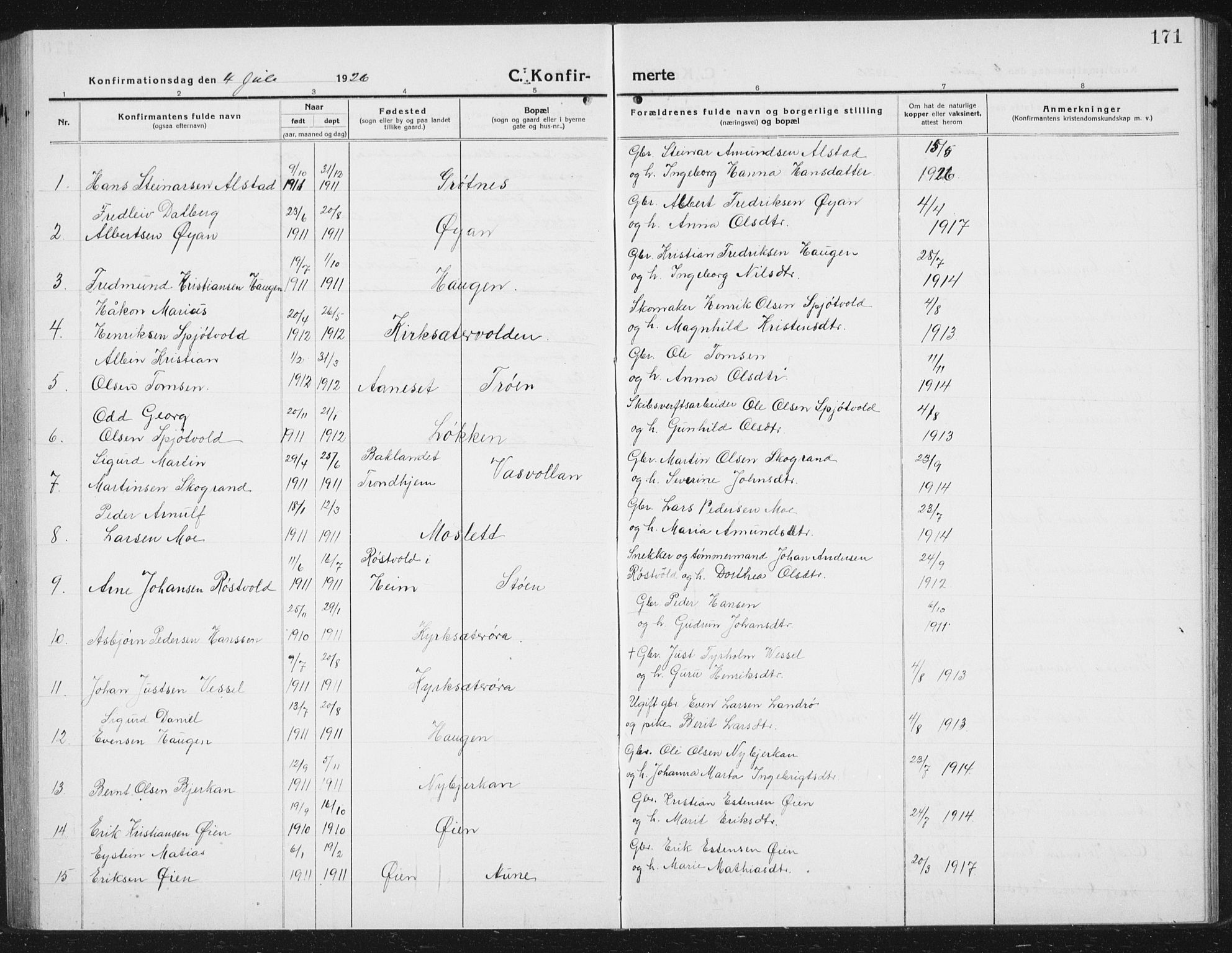 Ministerialprotokoller, klokkerbøker og fødselsregistre - Sør-Trøndelag, SAT/A-1456/630/L0506: Parish register (copy) no. 630C04, 1914-1933, p. 171
