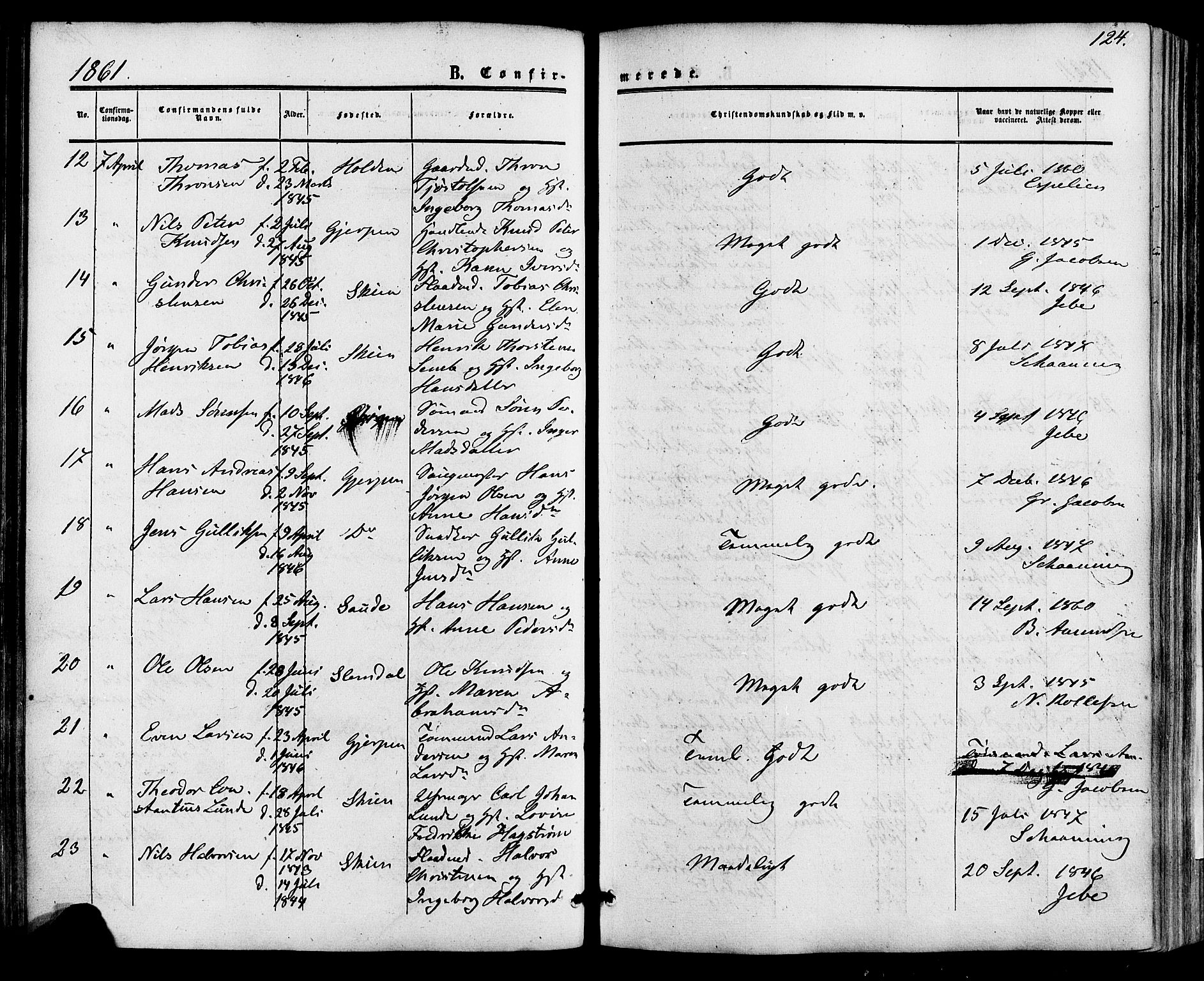 Skien kirkebøker, SAKO/A-302/F/Fa/L0007: Parish register (official) no. 7, 1856-1865, p. 124
