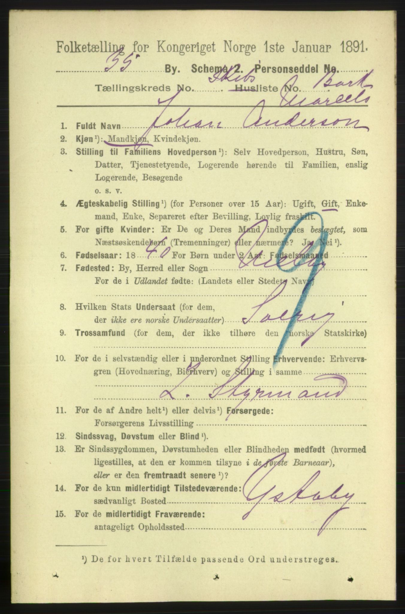 RA, 1891 census for 0905 Lillesand, 1891, p. 1619