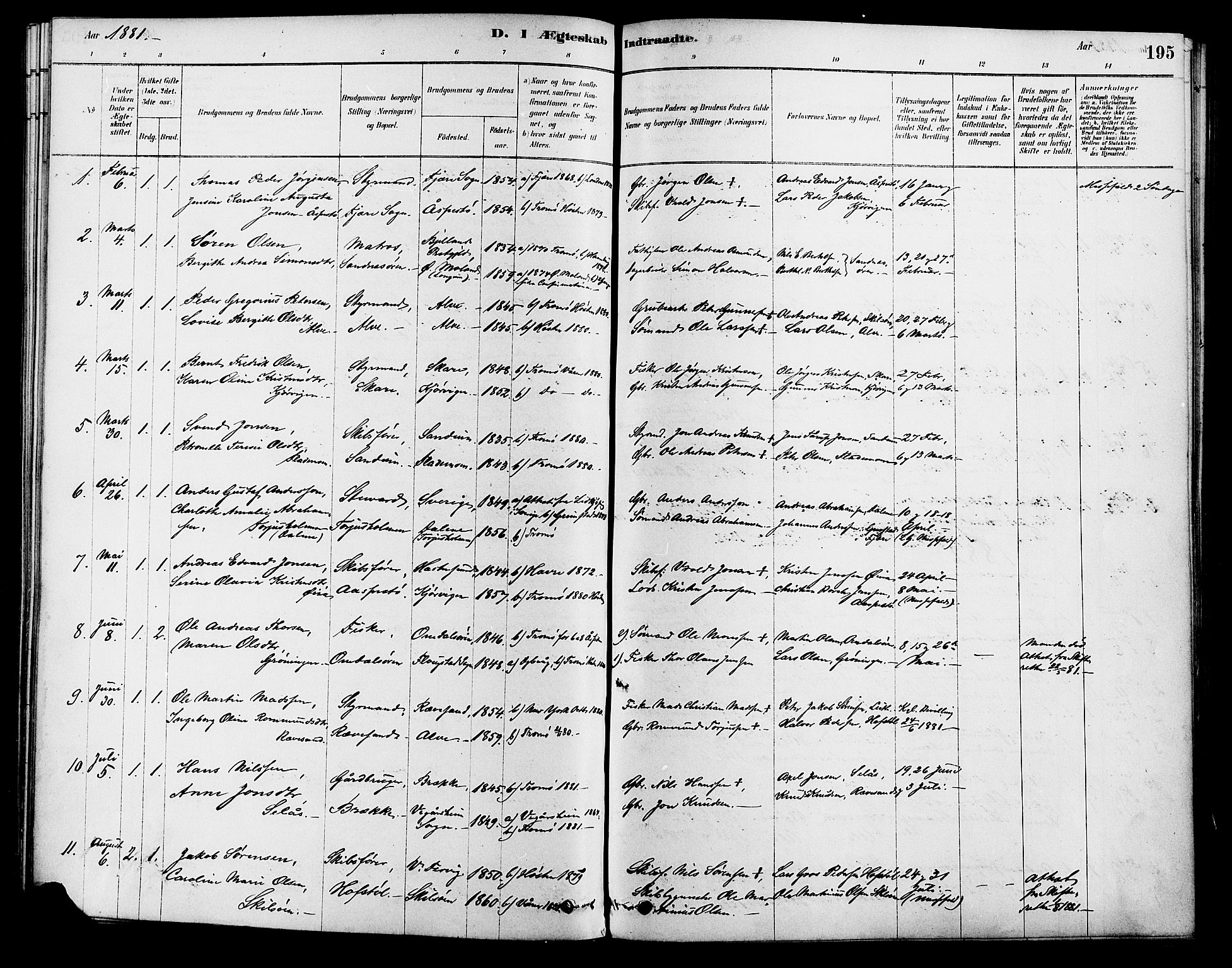 Tromøy sokneprestkontor, SAK/1111-0041/F/Fa/L0009: Parish register (official) no. A 9, 1878-1896, p. 195