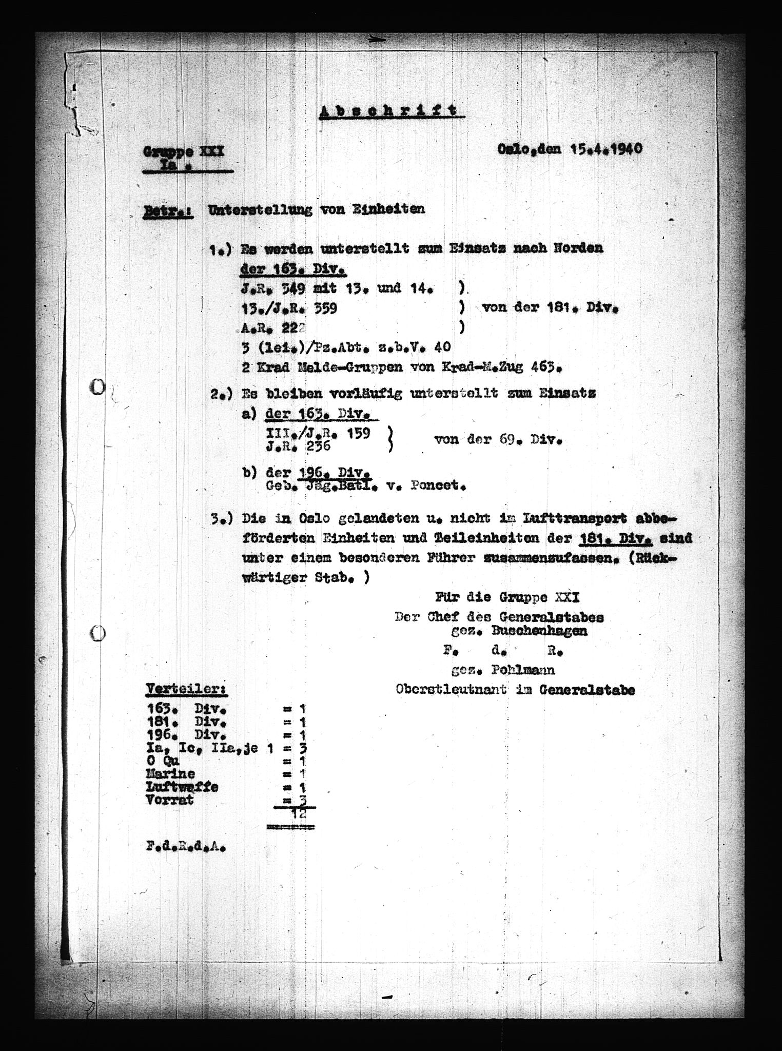 Documents Section, AV/RA-RAFA-2200/V/L0075: Amerikansk mikrofilm "Captured German Documents".
Box No. 714.  FKA jnr. 615/1954., 1940, p. 97