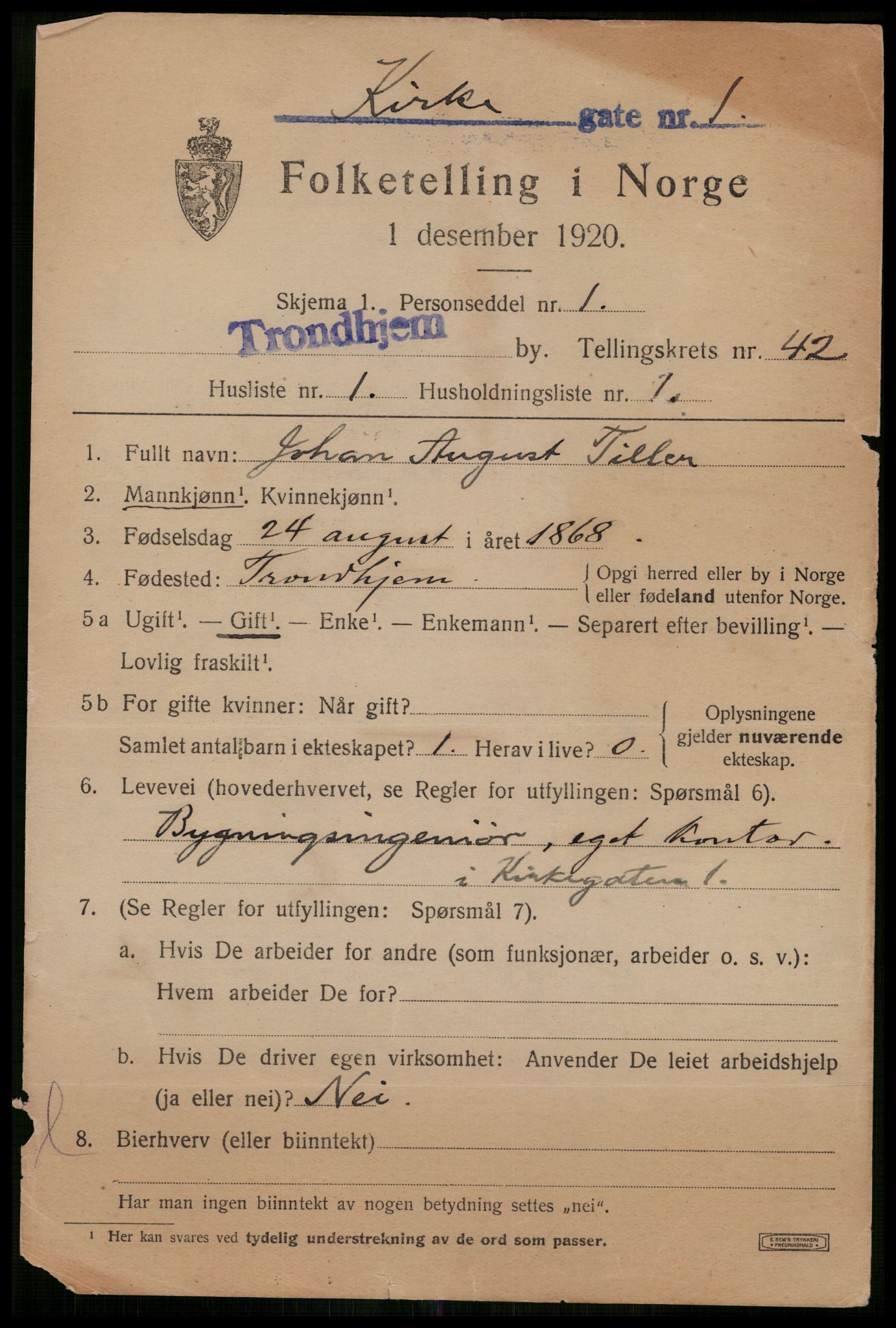 SAT, 1920 census for Trondheim, 1920, p. 92072