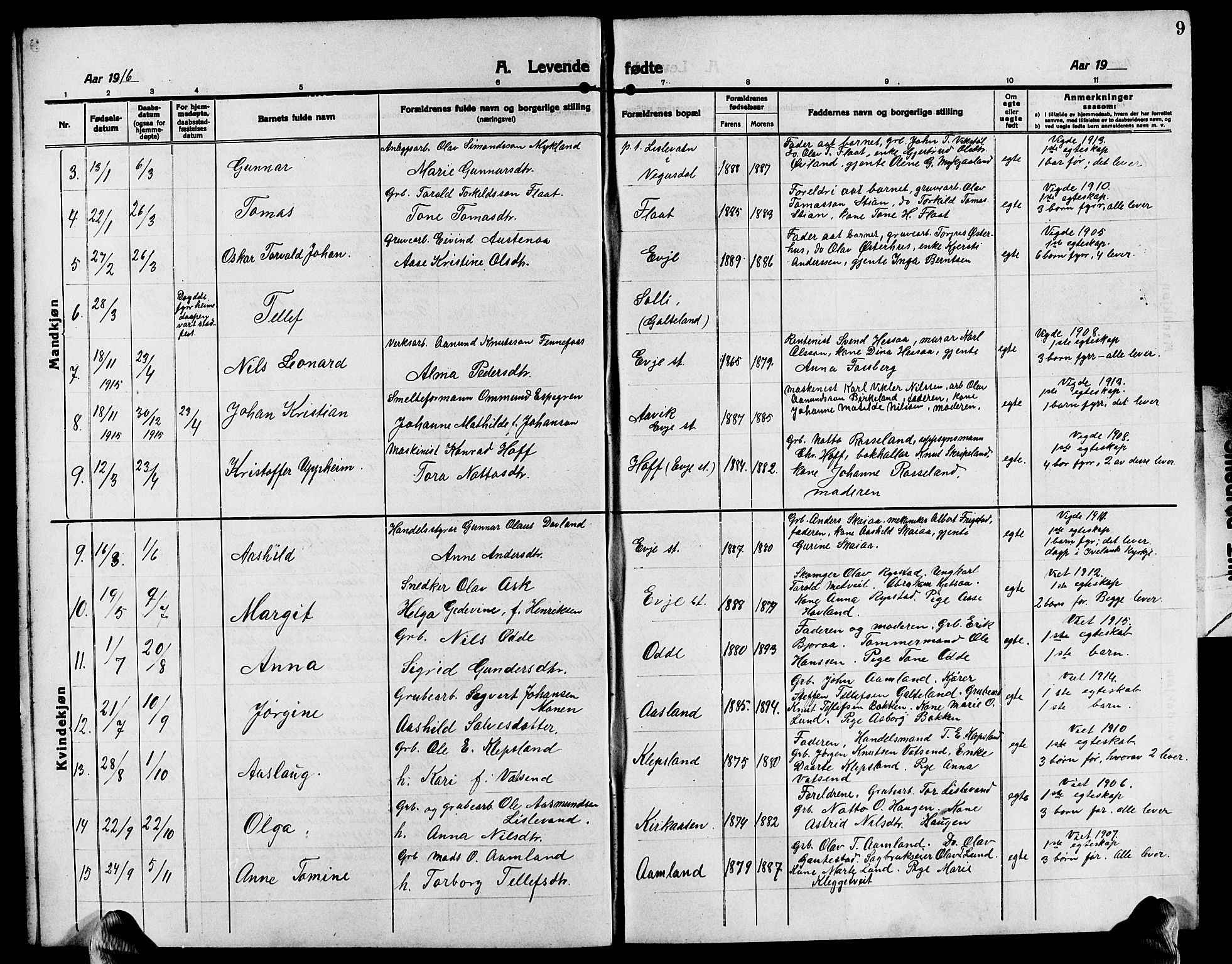 Evje sokneprestkontor, AV/SAK-1111-0008/F/Fb/Fba/L0005: Parish register (copy) no. B 5, 1914-1926, p. 9