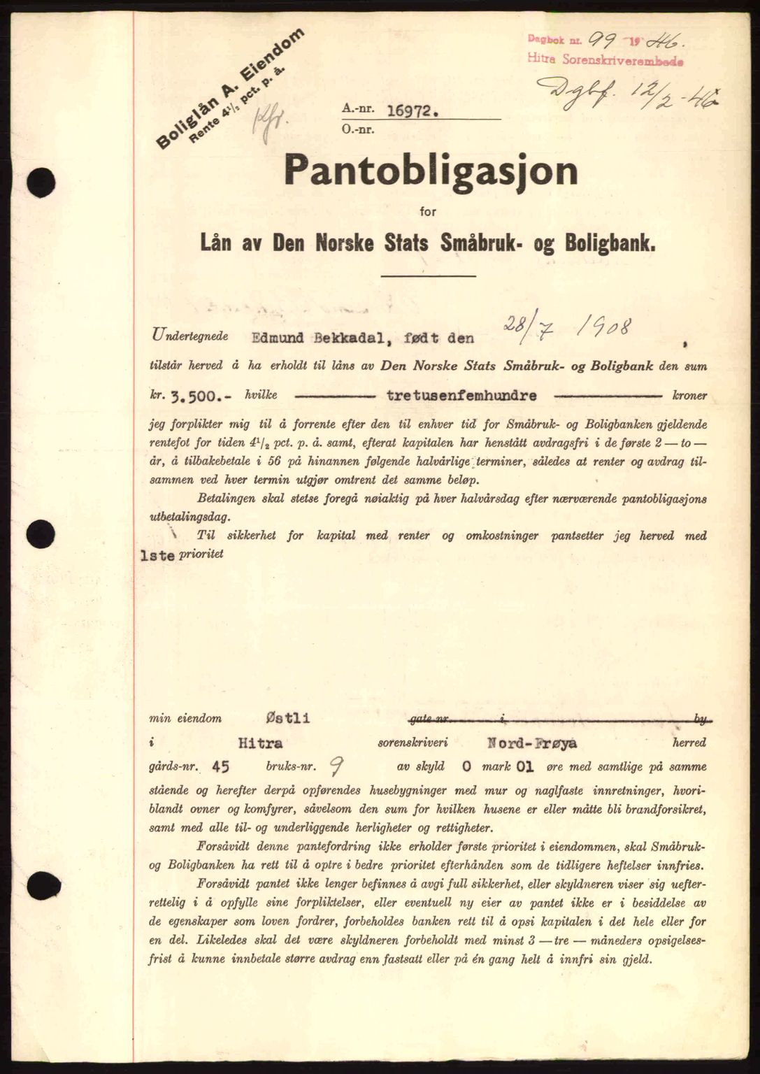 Hitra sorenskriveri, AV/SAT-A-0018/2/2C/2Ca: Mortgage book no. B1, 1939-1949, Diary no: : 99/1946