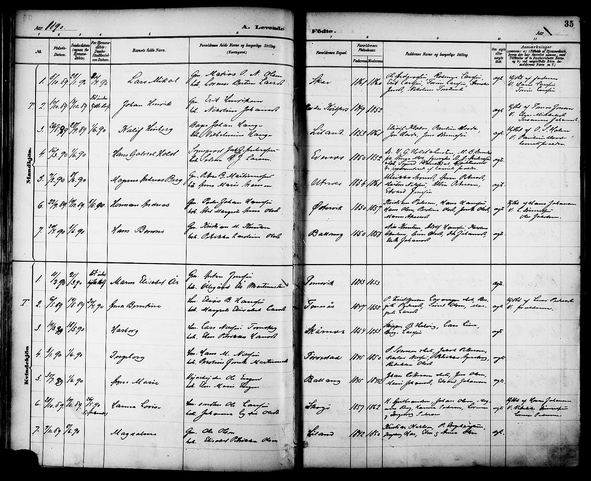 Ministerialprotokoller, klokkerbøker og fødselsregistre - Nordland, AV/SAT-A-1459/863/L0898: Parish register (official) no. 863A10, 1886-1897, p. 35