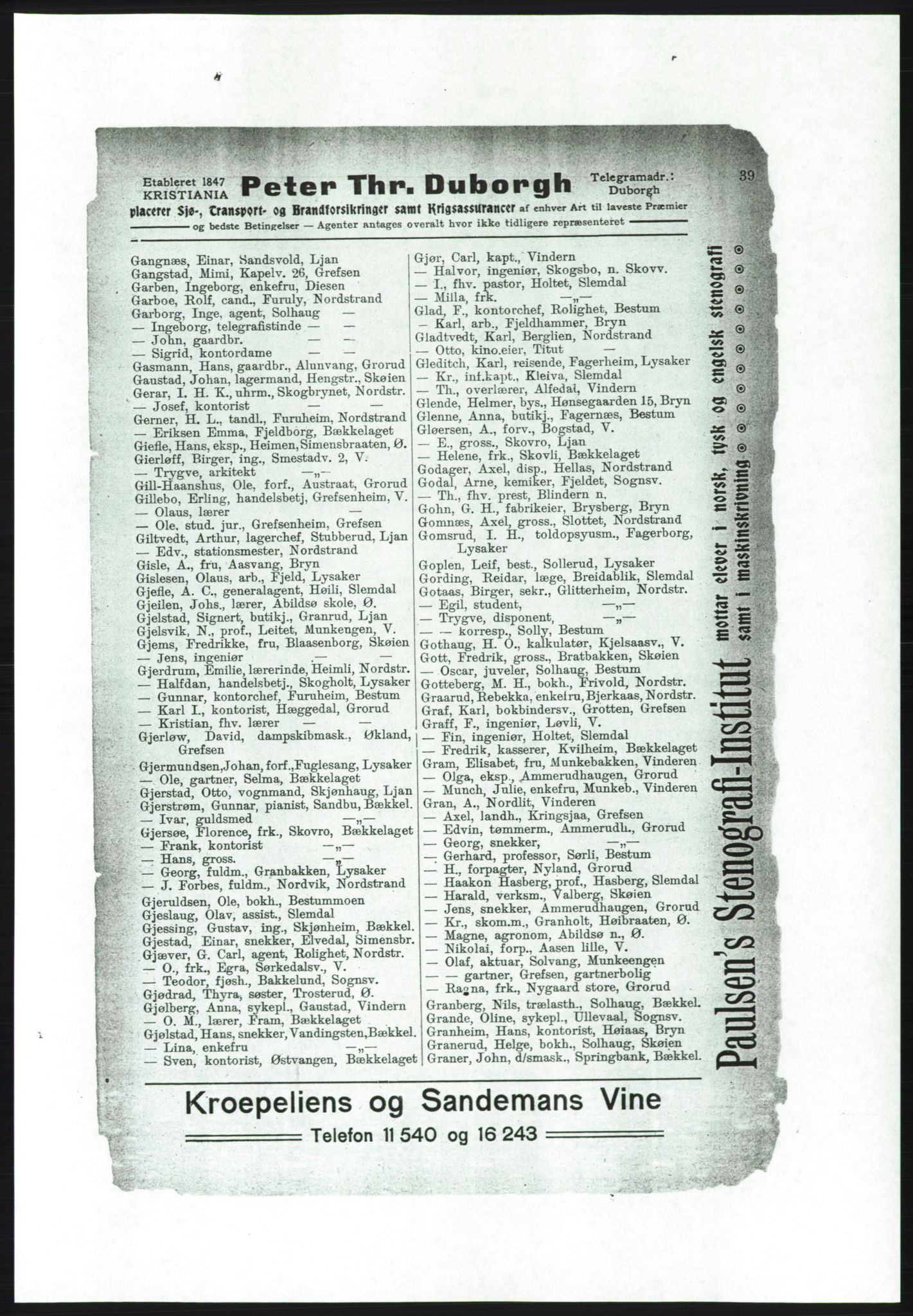Aker adressebok/adressekalender, PUBL/001/A/001: Akers adressebok, 1916-1917, p. 39