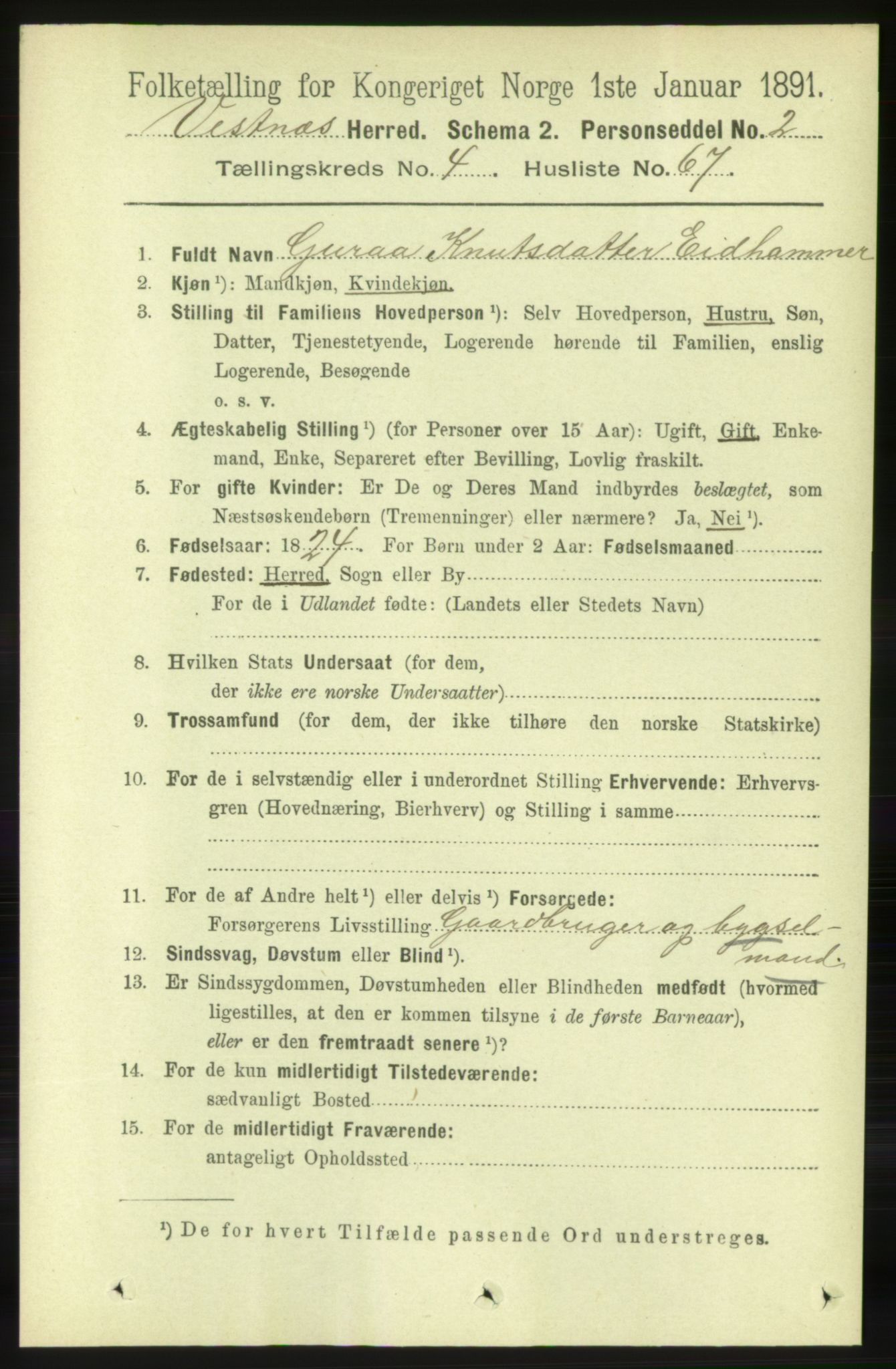 RA, 1891 census for 1535 Vestnes, 1891, p. 1667