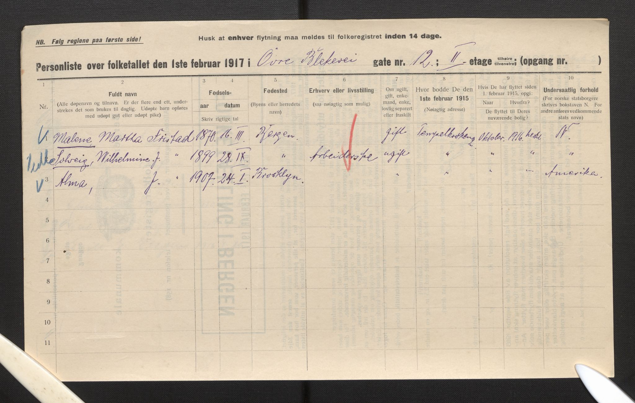 SAB, Municipal Census 1917 for Bergen, 1917, p. 3199