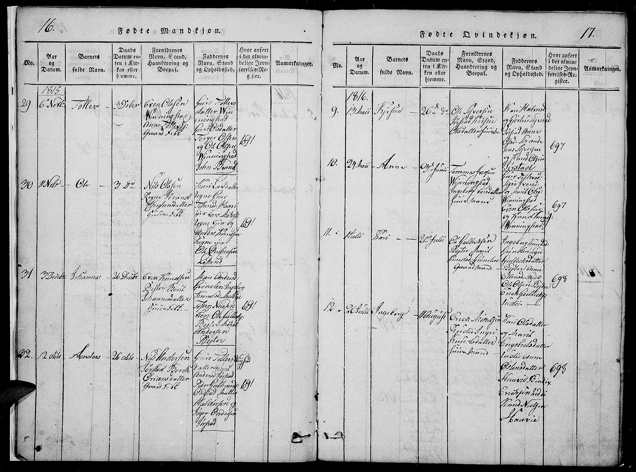 Slidre prestekontor, SAH/PREST-134/H/Ha/Hab/L0002: Parish register (copy) no. 2, 1814-1839, p. 16-17