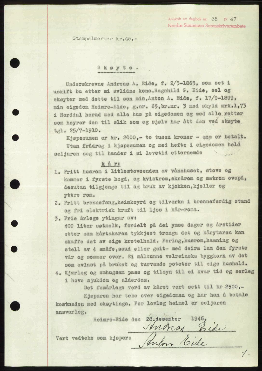 Nordre Sunnmøre sorenskriveri, AV/SAT-A-0006/1/2/2C/2Ca: Mortgage book no. A23, 1946-1947, Diary no: : 35/1947