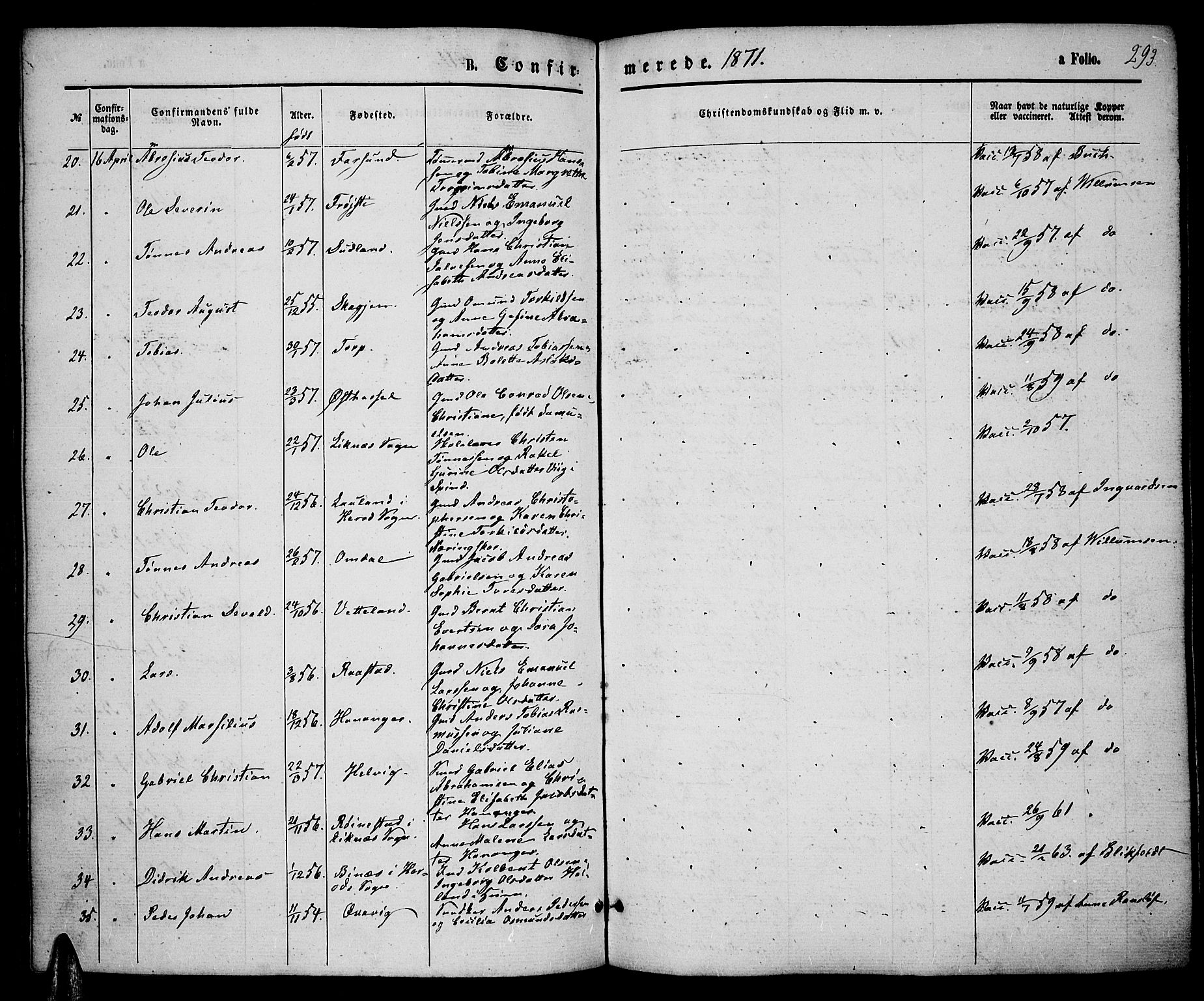 Lista sokneprestkontor, AV/SAK-1111-0027/F/Fb/L0003: Parish register (copy) no. B 3, 1862-1877, p. 293