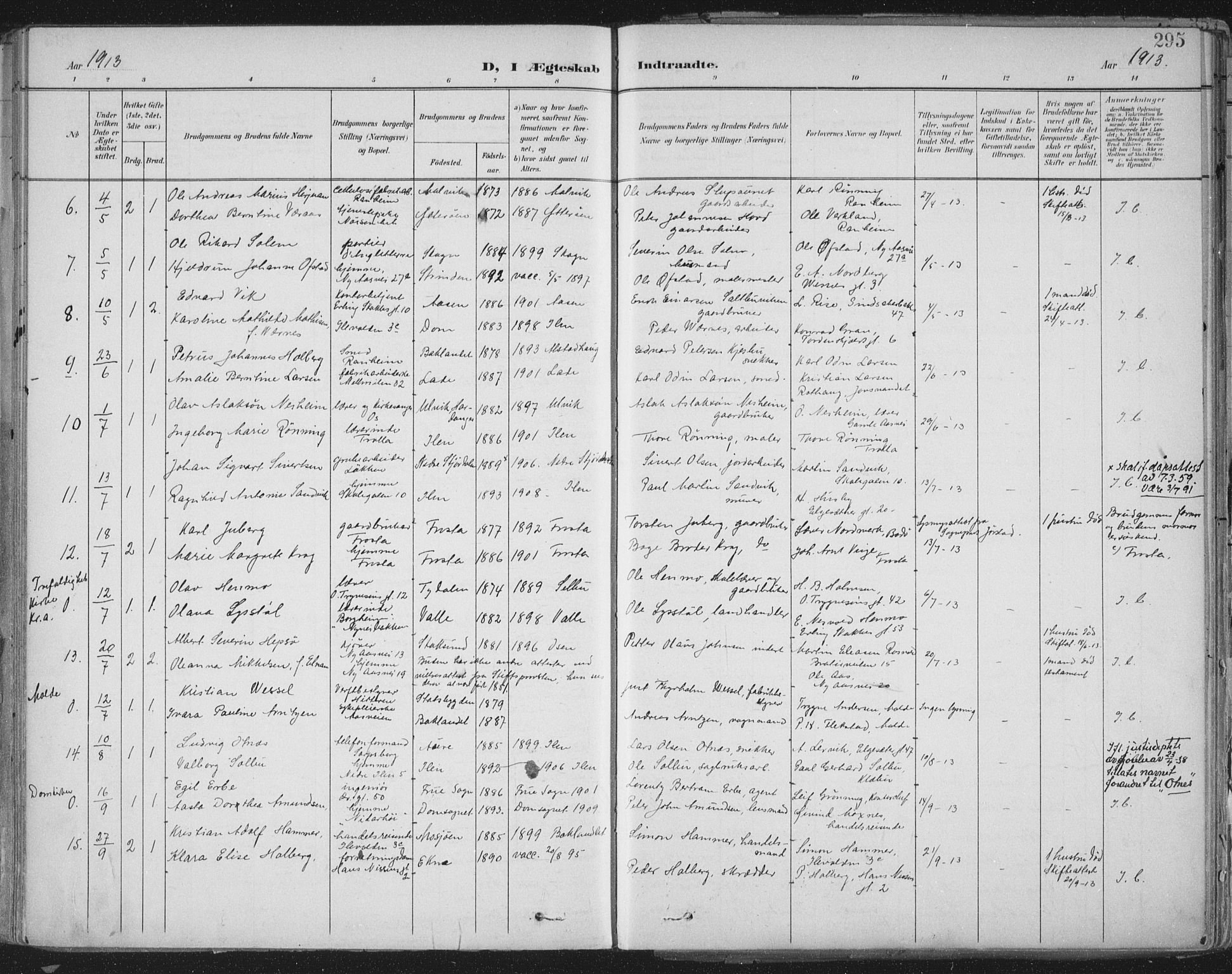 Ministerialprotokoller, klokkerbøker og fødselsregistre - Sør-Trøndelag, SAT/A-1456/603/L0167: Parish register (official) no. 603A06, 1896-1932, p. 295