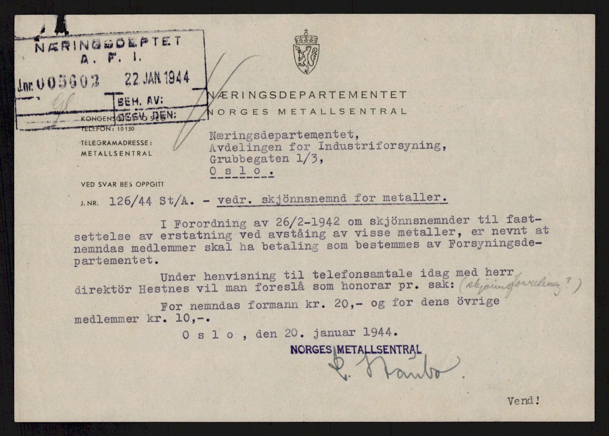 Direktoratet for industriforsyning, Sekretariatet, RA/S-4153/D/Df/L0055: 9. Metallkontoret, 1940-1945, p. 1527