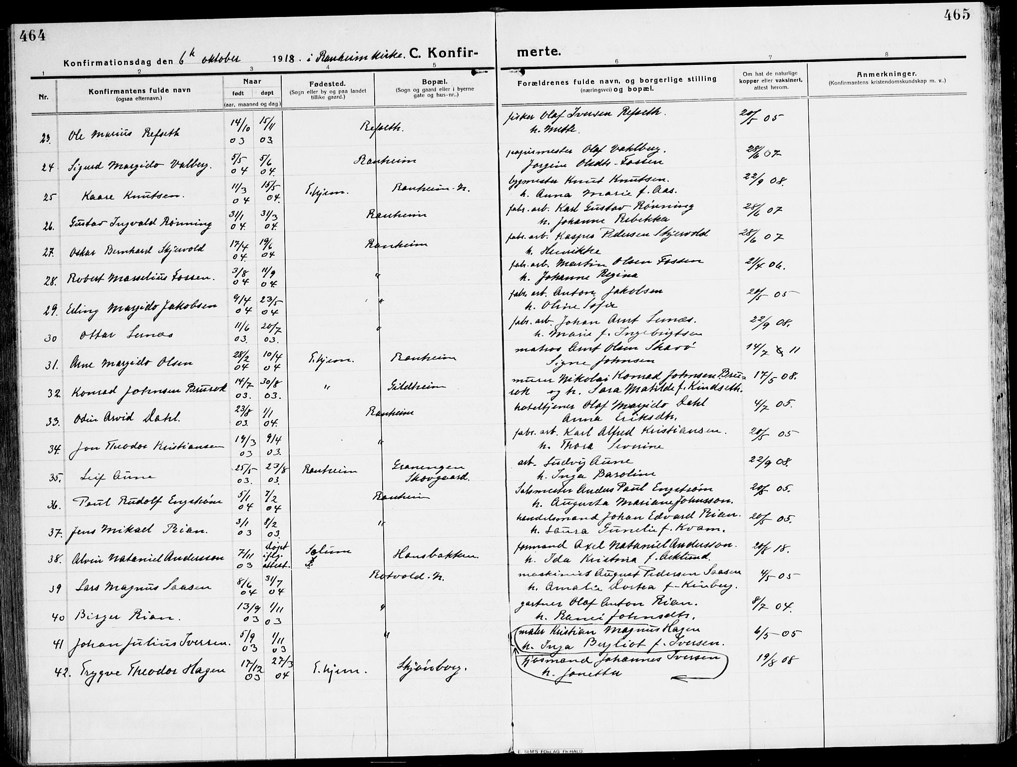 Ministerialprotokoller, klokkerbøker og fødselsregistre - Sør-Trøndelag, AV/SAT-A-1456/607/L0321: Parish register (official) no. 607A05, 1916-1935, p. 464-465