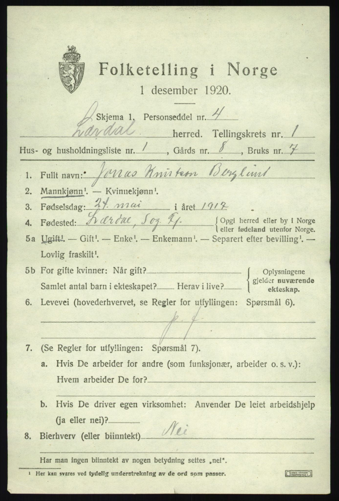 SAB, 1920 census for Lærdal, 1920, p. 806