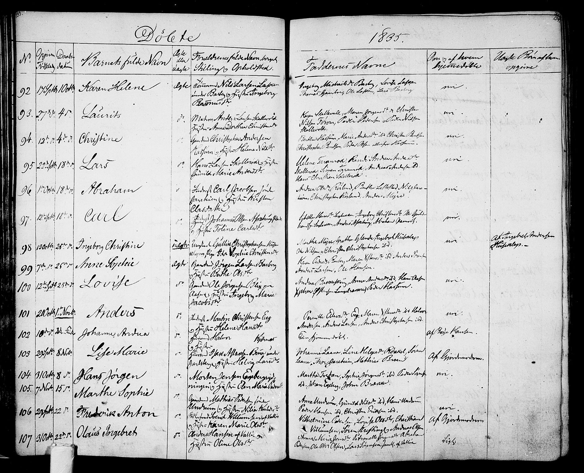 Sem kirkebøker, SAKO/A-5/F/Fa/L0005: Parish register (official) no. I 5, 1825-1842, p. 133-134