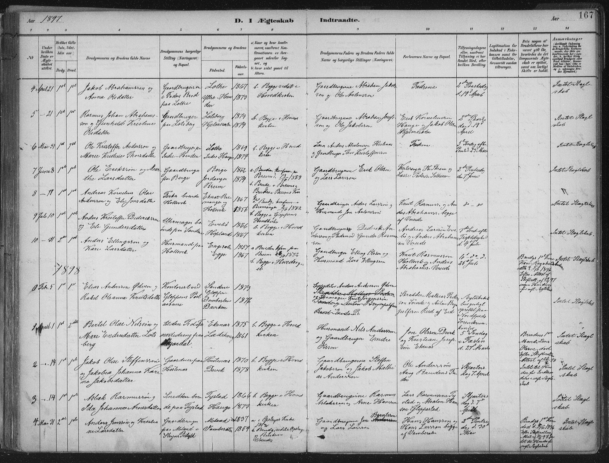 Gloppen sokneprestembete, AV/SAB-A-80101/H/Haa/Haab/L0001: Parish register (official) no. B  1, 1885-1905, p. 167