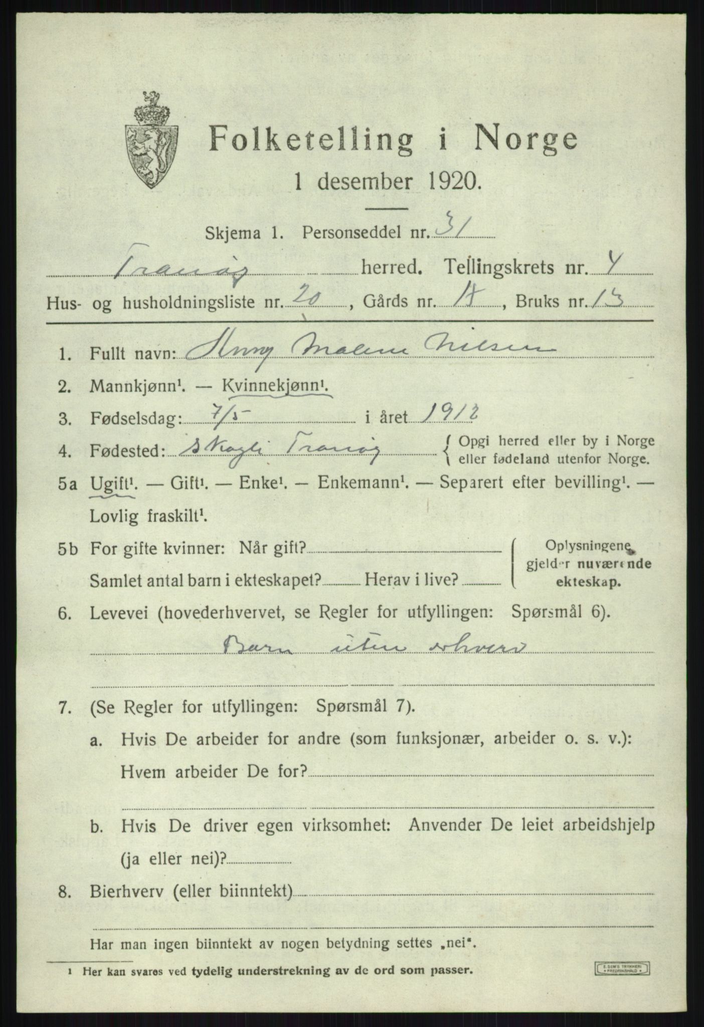 SATØ, 1920 census for Tranøy, 1920, p. 2343