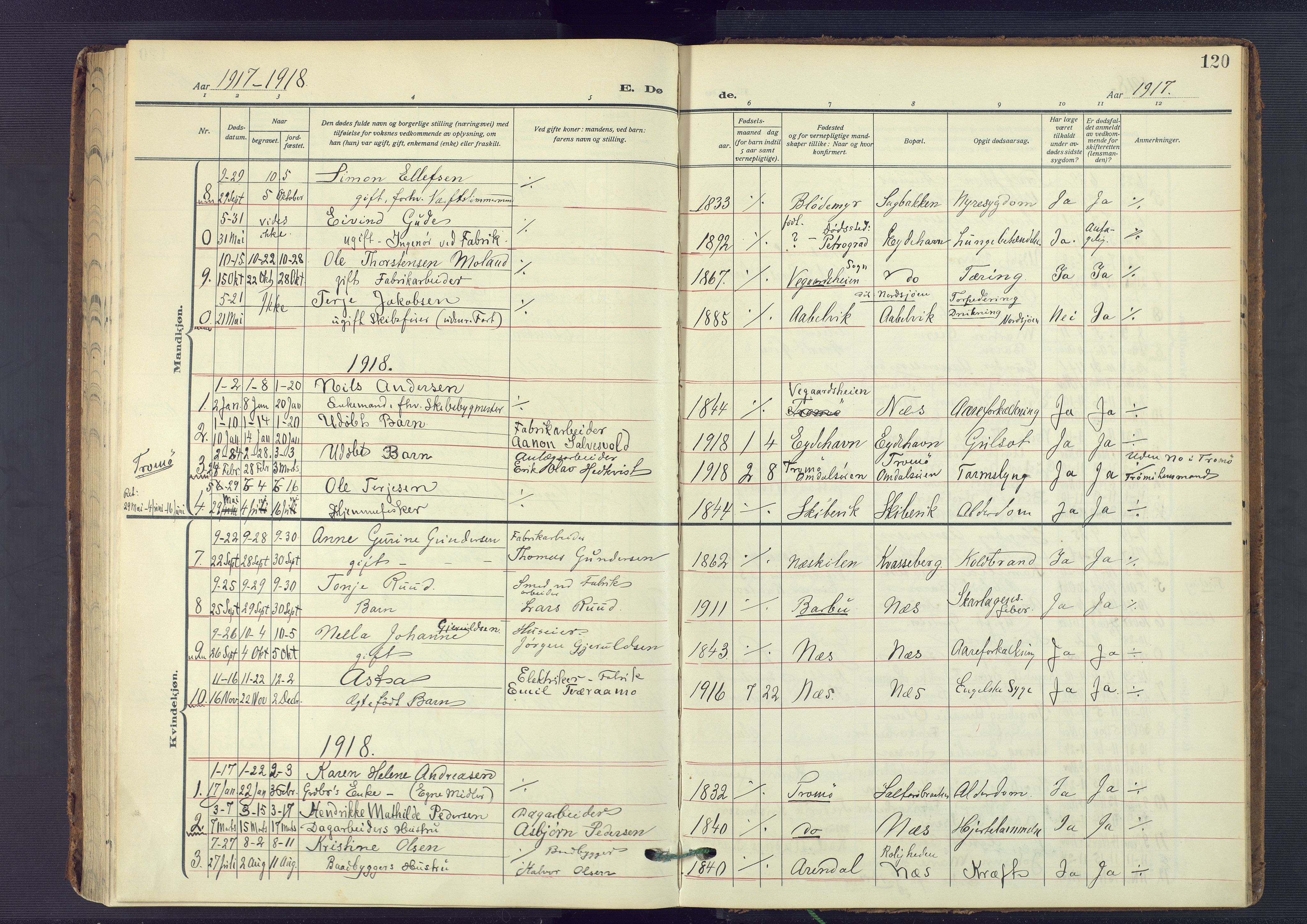 Austre Moland sokneprestkontor, SAK/1111-0001/F/Fa/Fab/L0003: Parish register (official) no. A 3, 1914-1927, p. 120