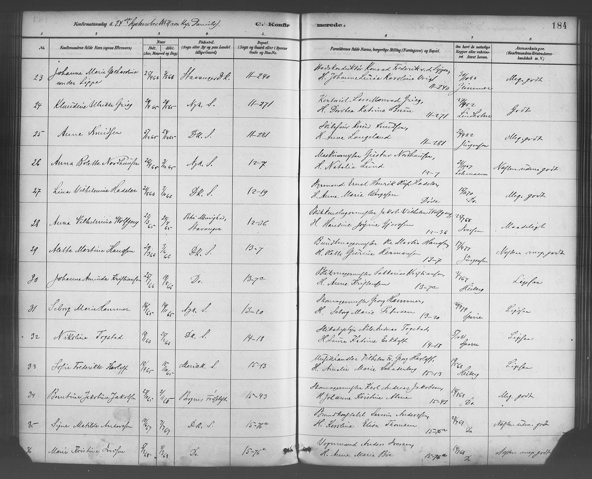 Domkirken sokneprestembete, SAB/A-74801/H/Haa/L0030: Parish register (official) no. C 5, 1880-1898, p. 184