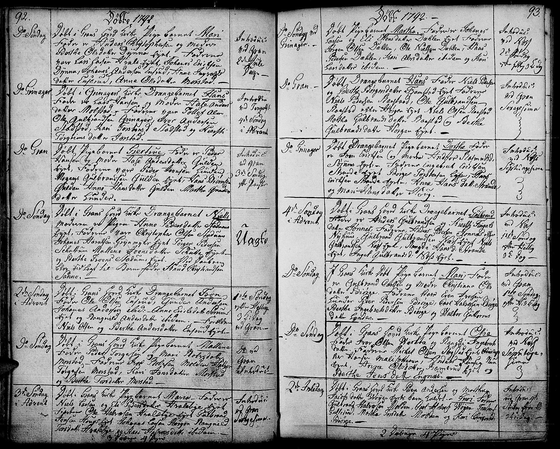 Gran prestekontor, SAH/PREST-112/H/Ha/Haa/L0006: Parish register (official) no. 6, 1787-1824, p. 92-93