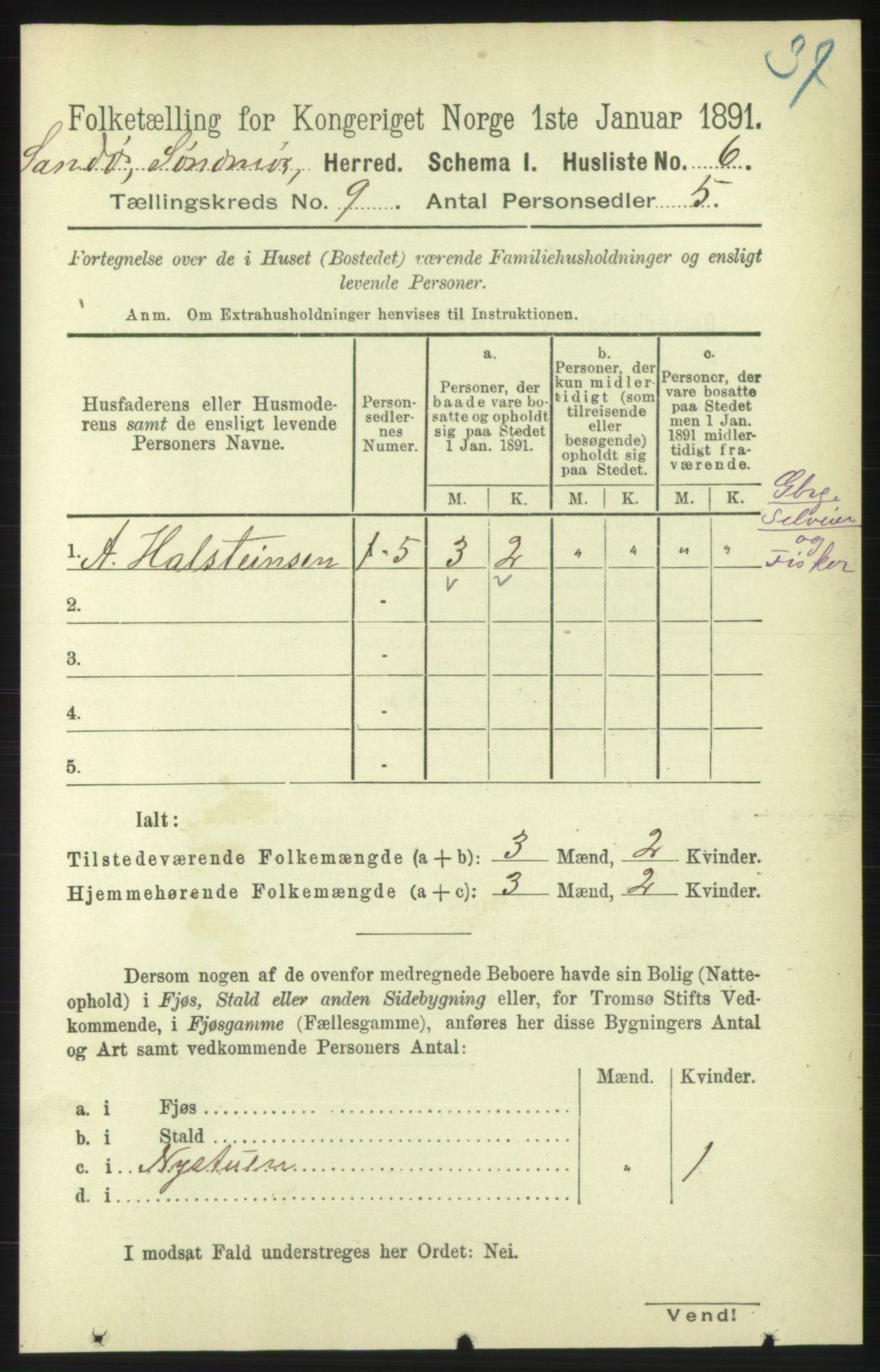 RA, 1891 census for 1514 Sande, 1891, p. 1452