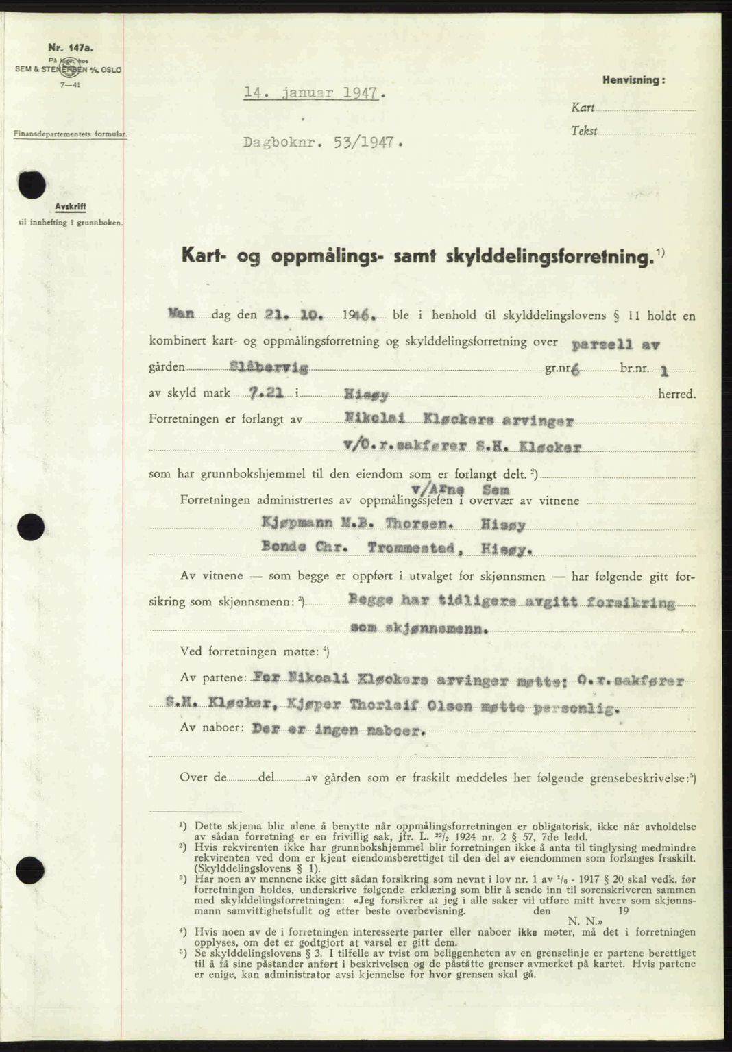 Nedenes sorenskriveri, AV/SAK-1221-0006/G/Gb/Gba/L0056: Mortgage book no. A8, 1946-1947, Diary no: : 53/1947