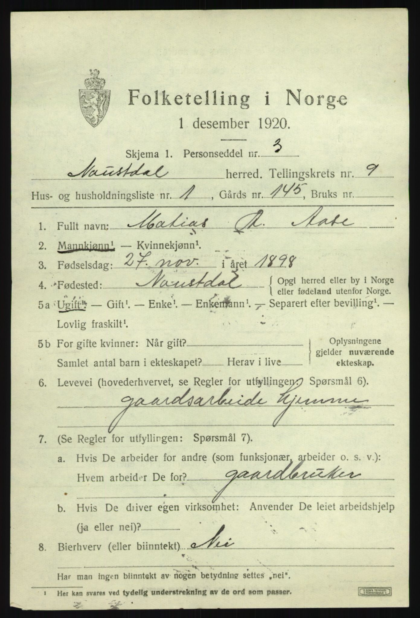 SAB, 1920 census for Naustdal, 1920, p. 5351