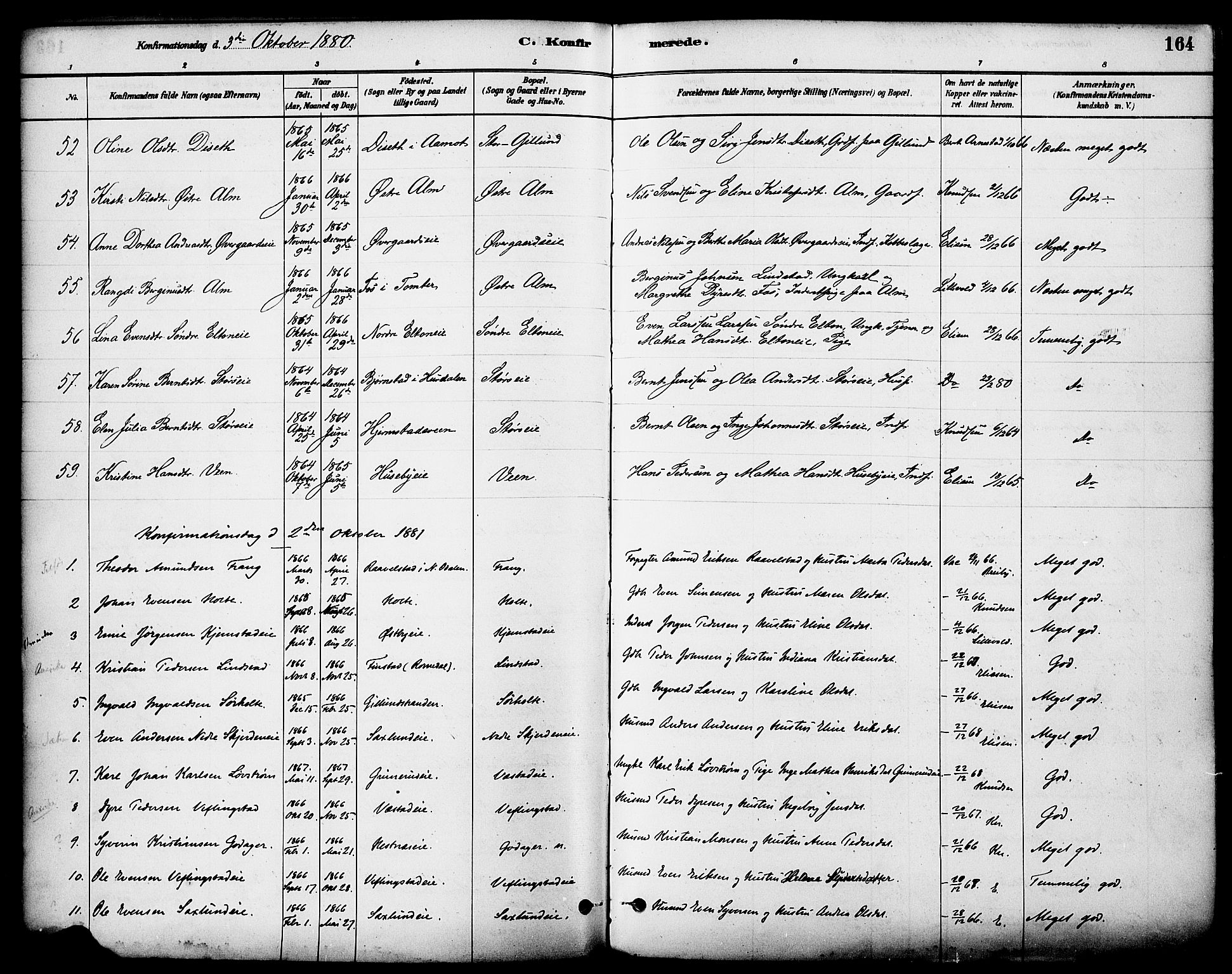 Stange prestekontor, AV/SAH-PREST-002/K/L0017: Parish register (official) no. 17, 1880-1893, p. 164